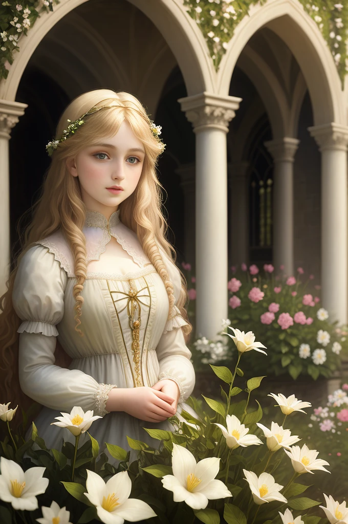pre-raphaelite masterpiece, extremely beautiful young fantasy princess in a flower garden, glow, arches, blonde hair, backlit hair, photorealistic, dreamy, soft focus effect