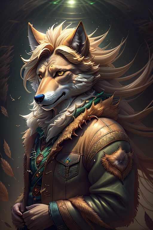 Portrait of an Anthropomorphic Wolf Golden Mane hair color Denim Jacket Bohemian outfit style Serious expression Mythical Fantasy style Avian-Mammal Asymmetrical Medium shot Brown color Basic structures dramatic shadows and highlights Mental Ray rendering engine Green Tint Photorealistic DeviantArt Soft Photorealistic Deep Depth 4k PNG Photography award Sony Alpha a7R III f/1.8 35mm CryEngine