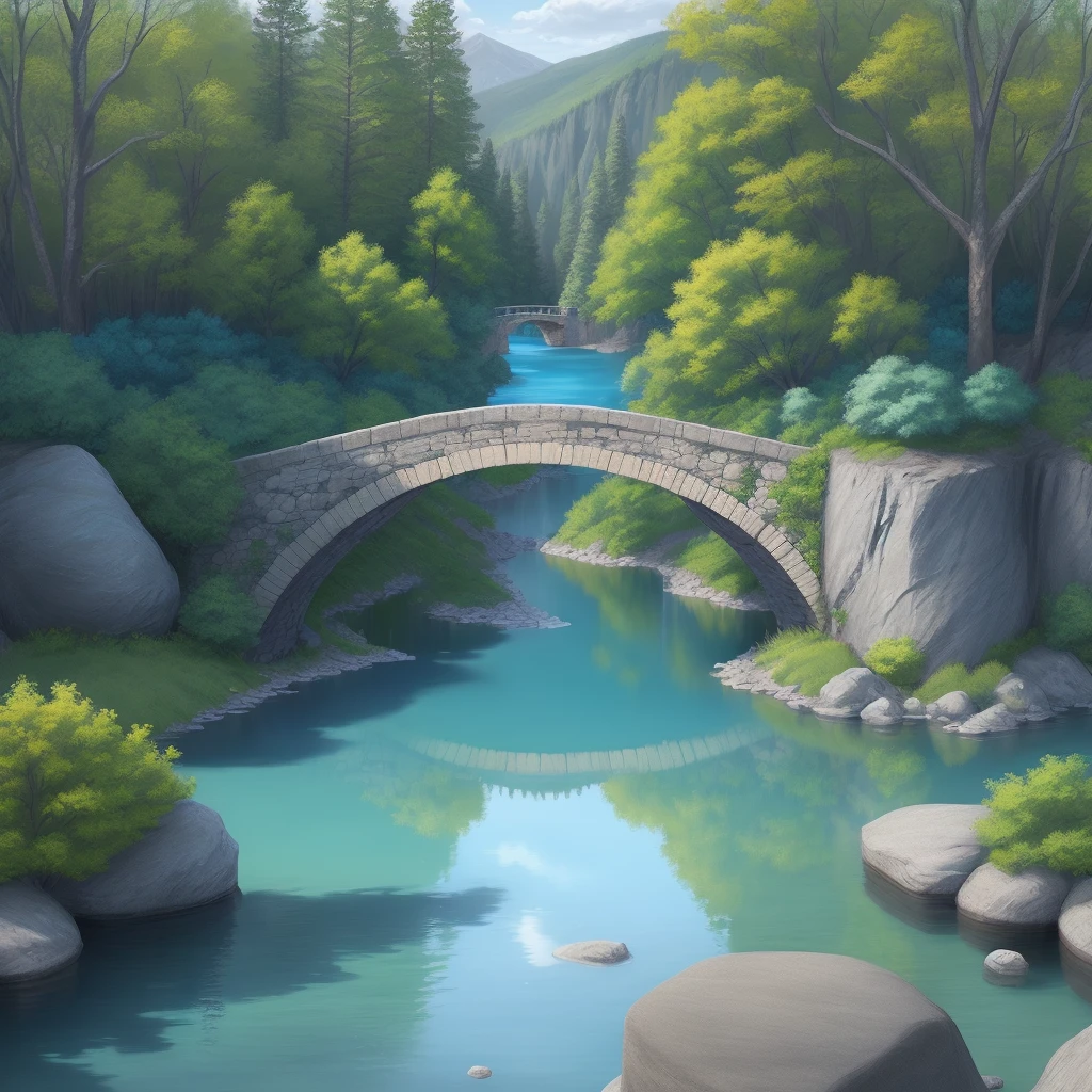 a blue lake with a stone bridge (drawing)