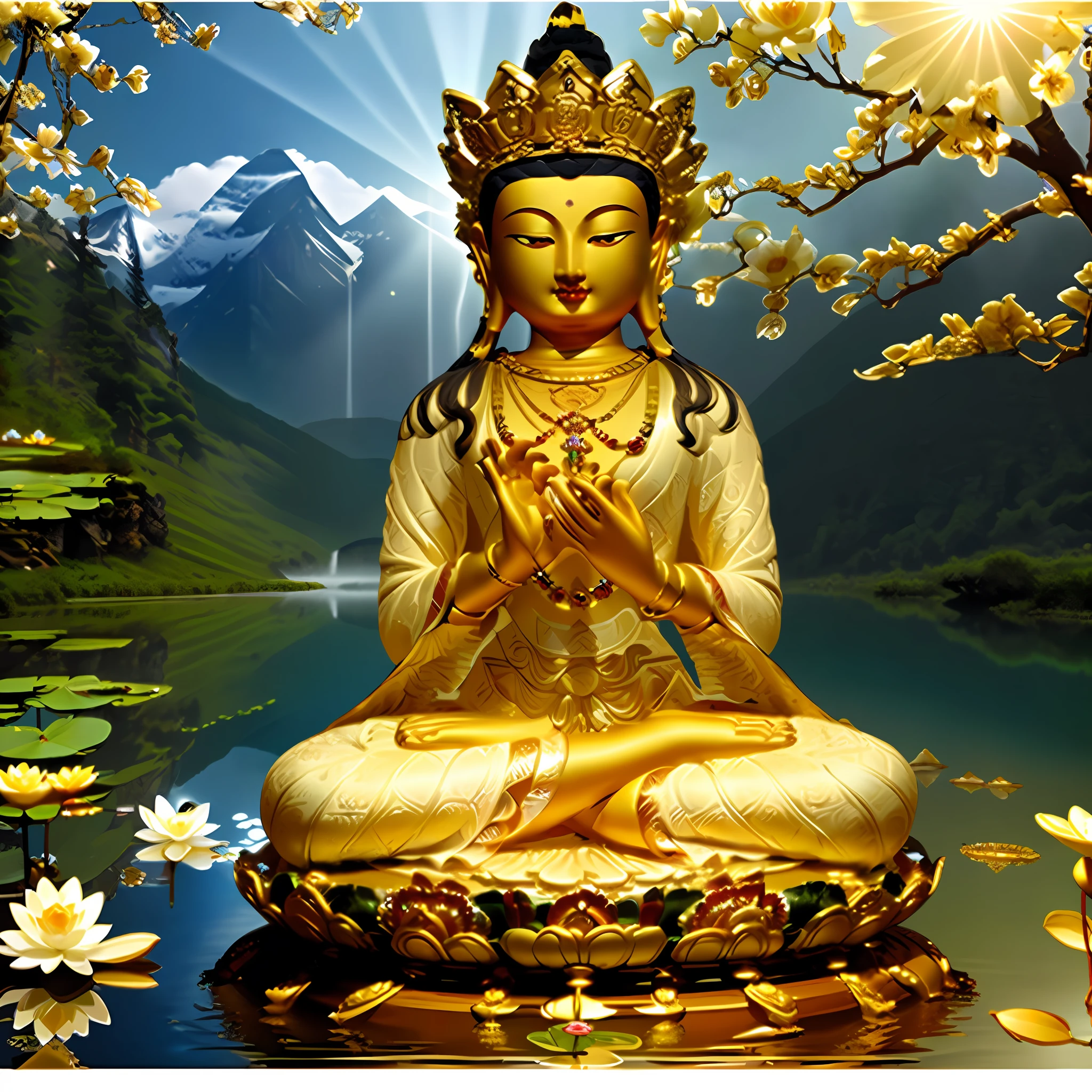 Mira, Maitreya Bodhisattva, Maitreya Buddha, a golden-headed white-robed figure with a red-gold robe on his head, Chinese temples scattered in the forest not far away, waterfalls pouring down into lakes or streams in the background, mountains in the background, a small bright lake, lotus flowers in the foreground , clear fingers, clear toes, clear facial features, jewelry, leaves, lilies, water lilies, necklaces, plants, solo, kanji temples, paths, cherry blossoms, sharp focus, sun rays, sparkling ripples, wind ripples, super high detail, photorealistic, intricate detail, perfect composition, beautiful intricate detail, 8k photography, photorealism, masterpiece, photorealism, image enhancement, image postprocessing, image retouching