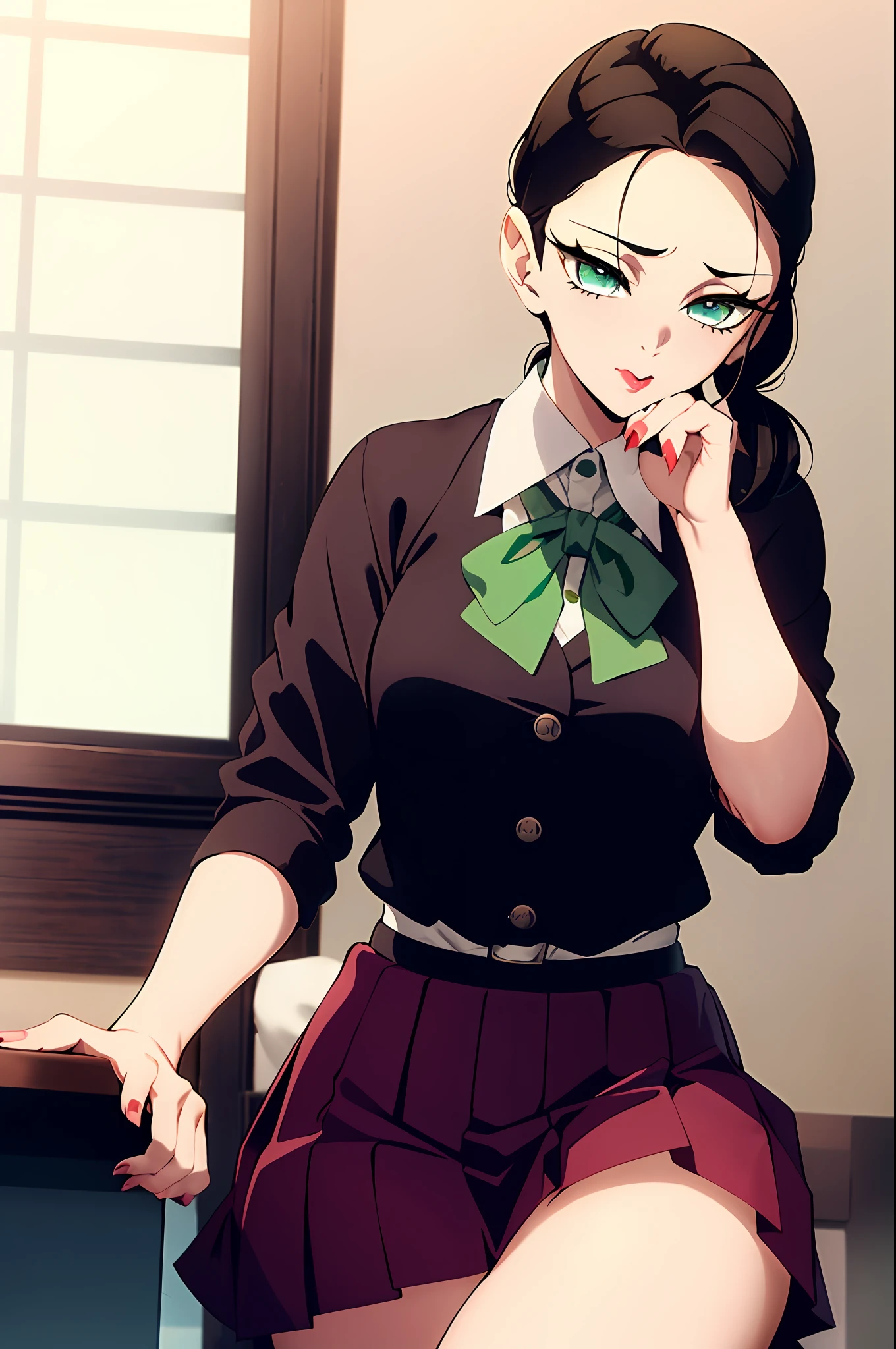 a sexily posed young gorgeous woman with brown hair tied in pigtails by green ribbons and blue eyes. She draws the viewer's gaze with her super puffy lips. She wears a schoolgirl uniform made up of a white blouse, black tie, red cardigan and green skirt. She exudes an allure that is both captivating and irresistible with waspish waist, pale skin, high cheekbones, small button nose, long eyelashes
