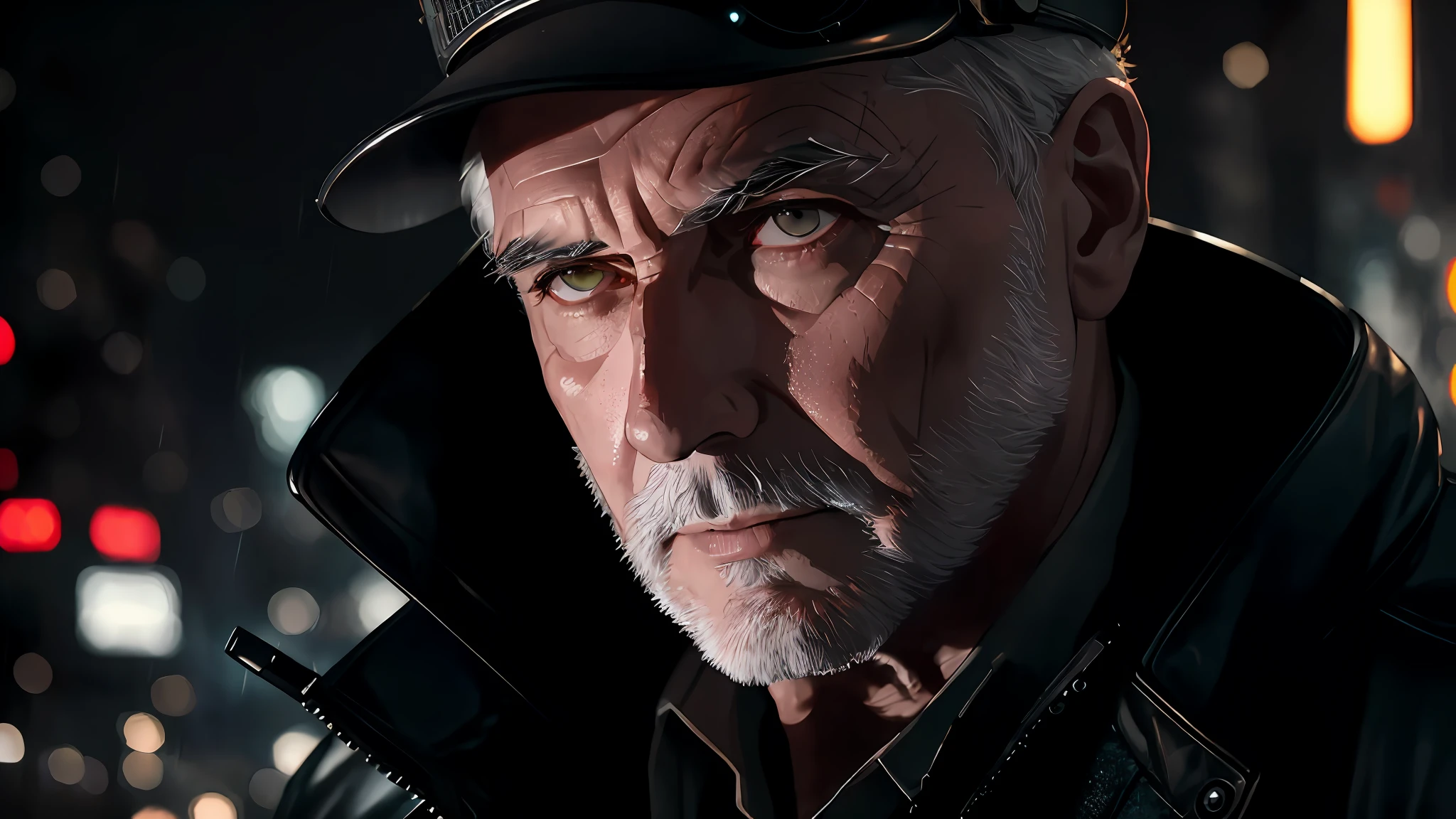 masterpiece, high detail, trending on artstation, realistic, detailed face, overall, a photo of a cyberpunk private detective, old man, dark hair, dirty, drone, Blade Runner city, neo lights, dark, rain, night, RAW, canon r6, wide shot, sharp, blurry background, rule of thirds, dramatic lights, dark shadows