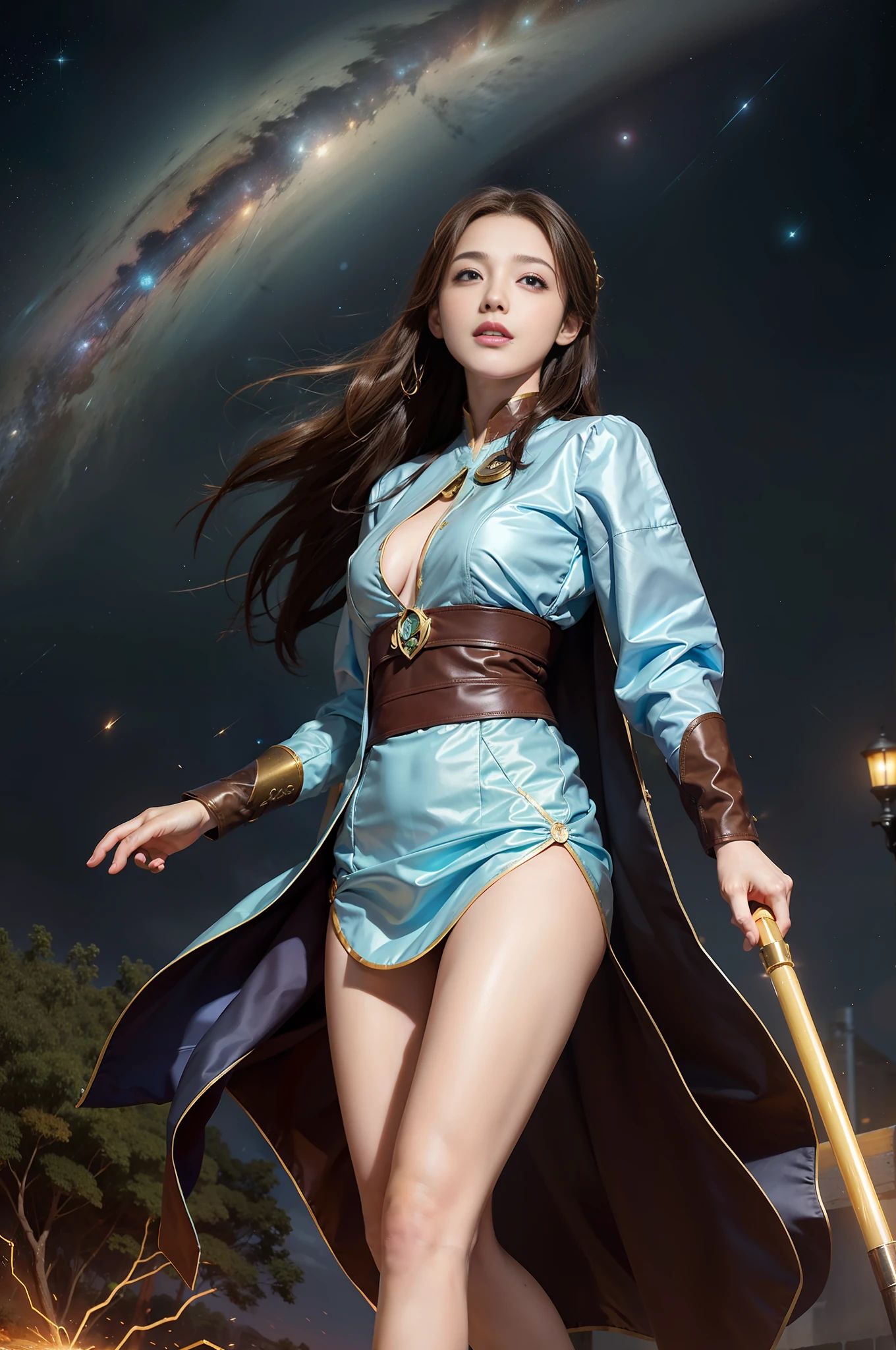 1girl, solo, light blue eyes, brown hair, holding a golden scepter, (HP: 1), running under the starry sky, full body, (official set: 1.5), dullyarts, dust background details, eye details, ore disease lesions \(Tomorrow's Ark\), (realism: 1.4), official art, unreal 8k wallpaper, super detailed, beautiful and aesthetic, masterpiece, best quality, (dynamic angle: 1.4), (floating colorful sparks: 1.2), elegant , bright colors, romanticism, medium breasts