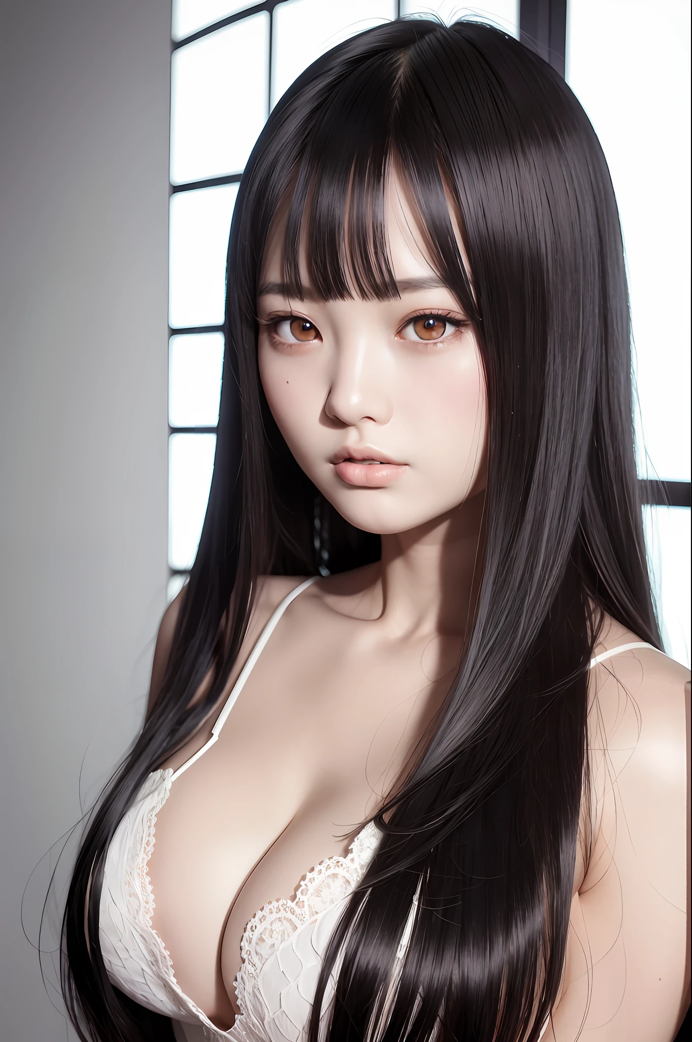 Beautiful sexy sadako girl, best quality, ultra high res, (photorealistic:1.4), 8k resolution, girl, (realistic hair:1.2), (Korean girl:1.2), (realistic eyes:1.2), (beauty face:1.3), perfect body, white rosy skin, big breast, cleavage,