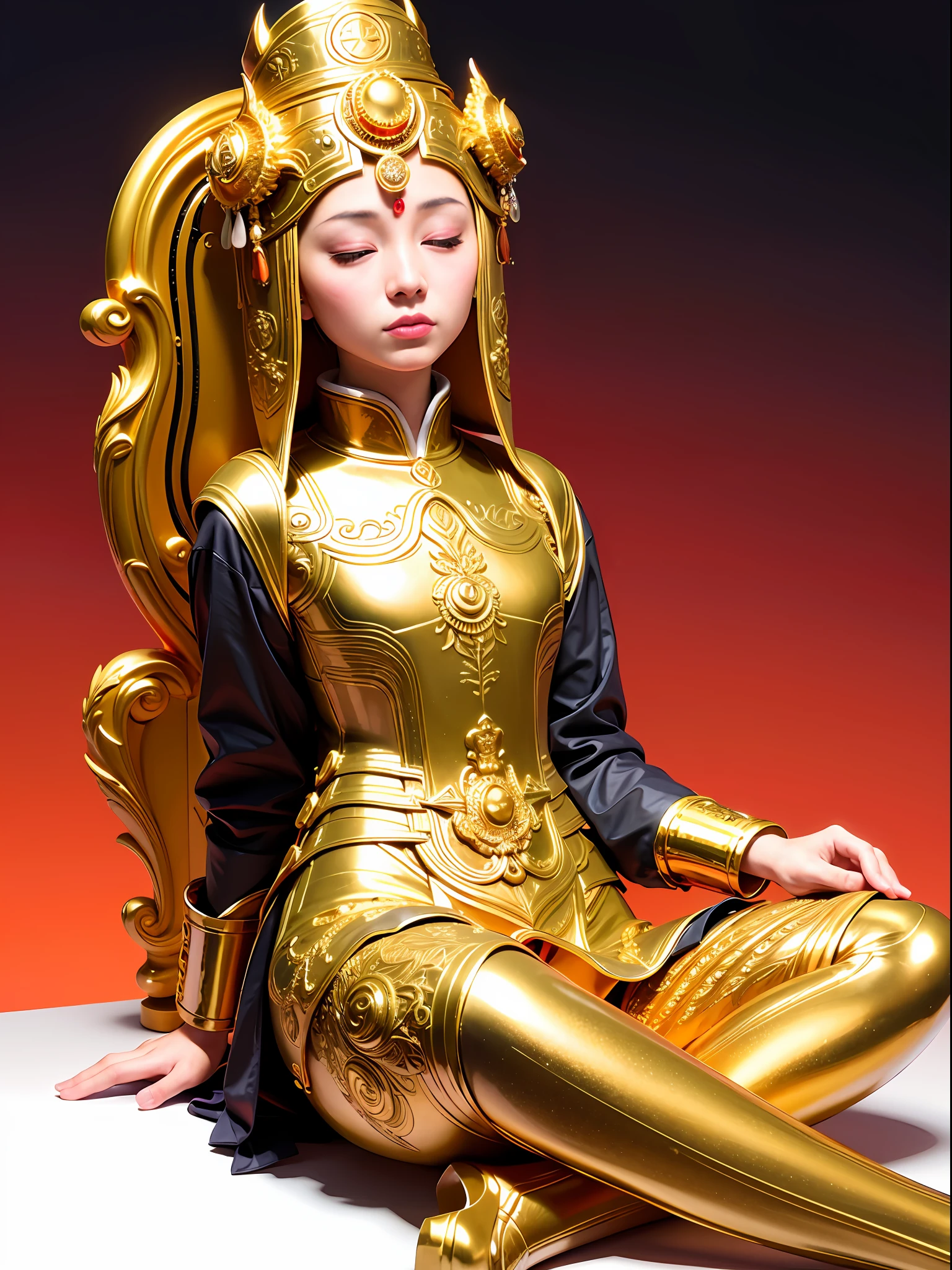 Sitting Ksitigarbha Bodhisattva, (gold: 1.2), smooth, upper body, long-sleeved cassock, ray tracing, (metal texture: 1.1), colorful clouds in the background, (best quality: 1.0), (ultra high resolution: 1.0) , 8k, (masterpiece: 0.2), (half-closed eyes: 1.2)
