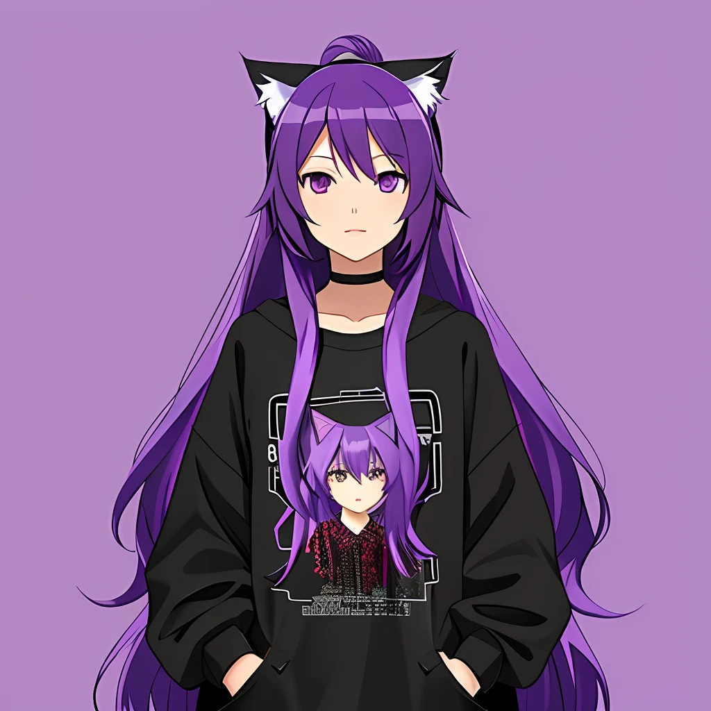 Girl with cat ears purple hair anime style long hair wearing aesthetic clothes