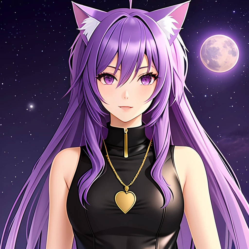 Girl with cat ears purple hair anime style long hair wearing aesthetic clothes