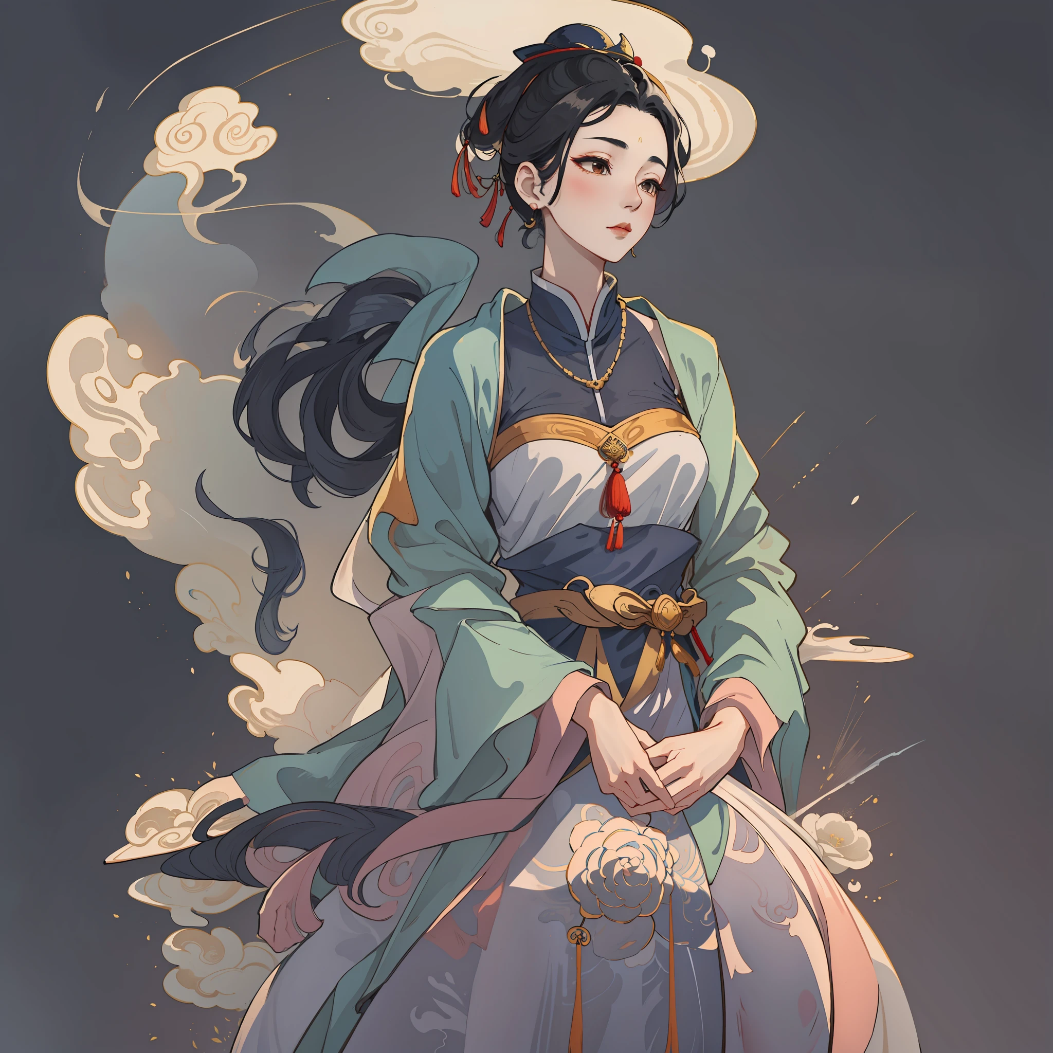 An ancient Chinese beauty standing with a hat, wearing ancient Chinese clothes, flowing tulle, light silk, pavilion, ink painting style, clean color, decisive cut, blank space, freehand, masterpiece, super detailed, epic composition, high quality, highest quality, 4k --v 6