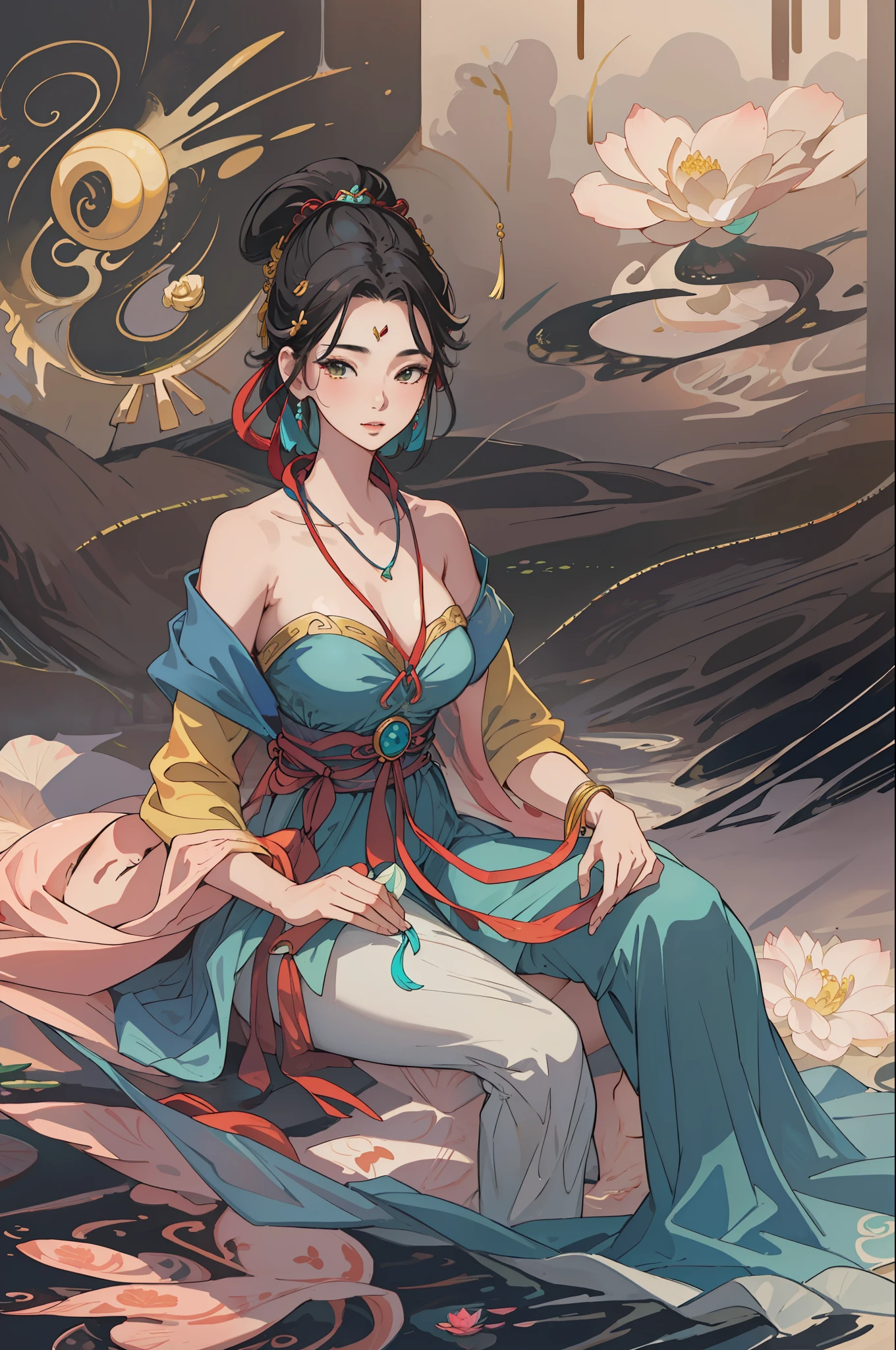 An ancient Chinese beautiful girl sitting on a big lotus leaf, turquoise skirt, sunlight, clear face, beautiful hands, masterpiece, super detailed, epic composition, high quality, highest quality, 4k --v 6