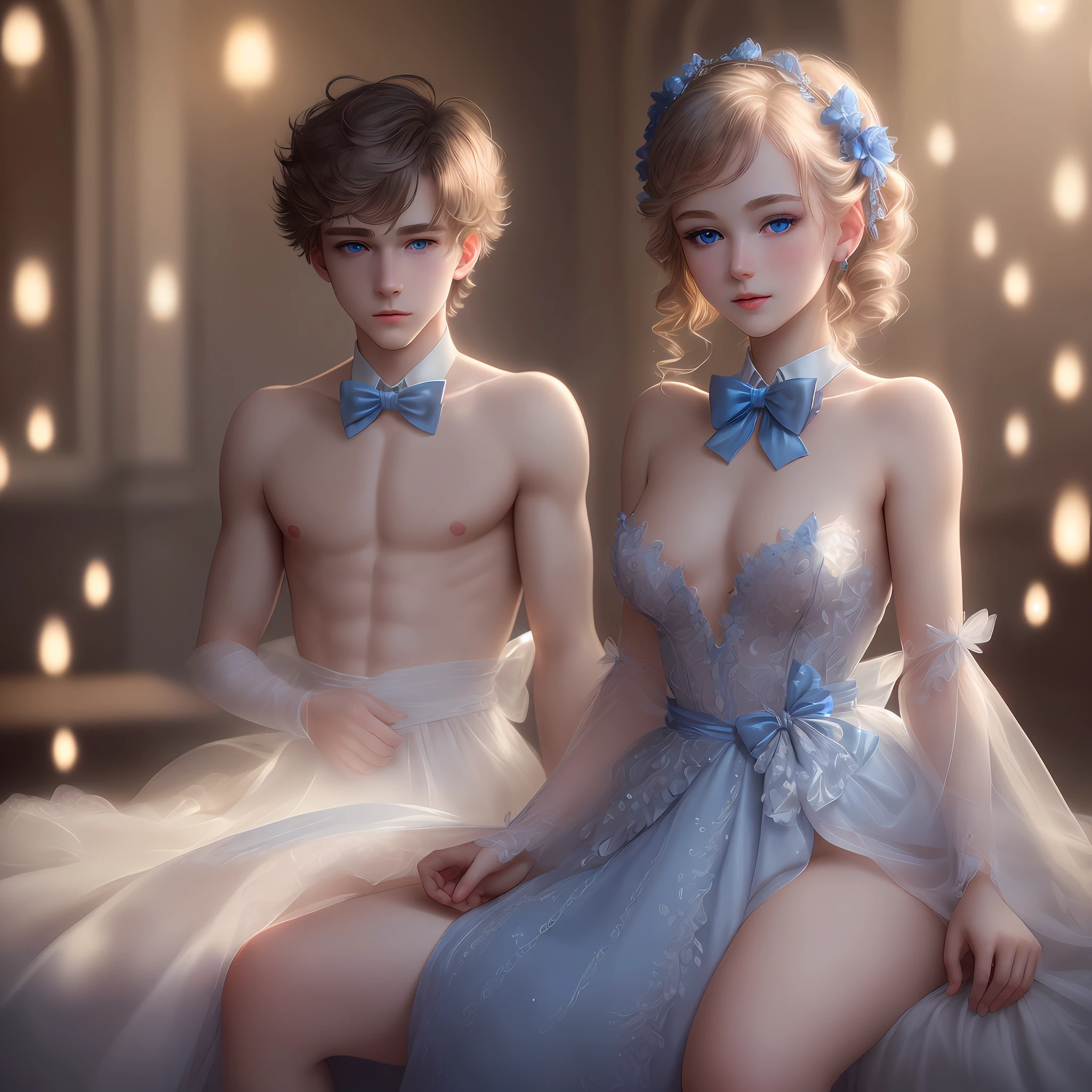 (Extremely detailed and beautiful, delicate and exquisite CG, masterpiece, highest quality, super definition), (best lighting, best shadow, beautiful face), (1 boy, bow tie, piercing, exquisite blue eyes, naked
