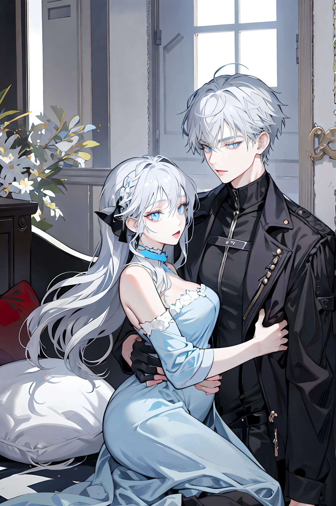 family, real, stylish, handsome, kids, detailed, 4k, mom and dad, detailed eyes, pretty hair, handsome man, beautiful woman, good mom, hot dad, hot parents, mom with silver hair, pregnant mom, man looking at woman with love, man hugging woman, dad with black hair, mom with light blue eyes, dad with gray eyes, twins, twin male sons, sons with silver hair, twins with silver hair, son 1 with light blue eyes, son 2 with eyes greys,