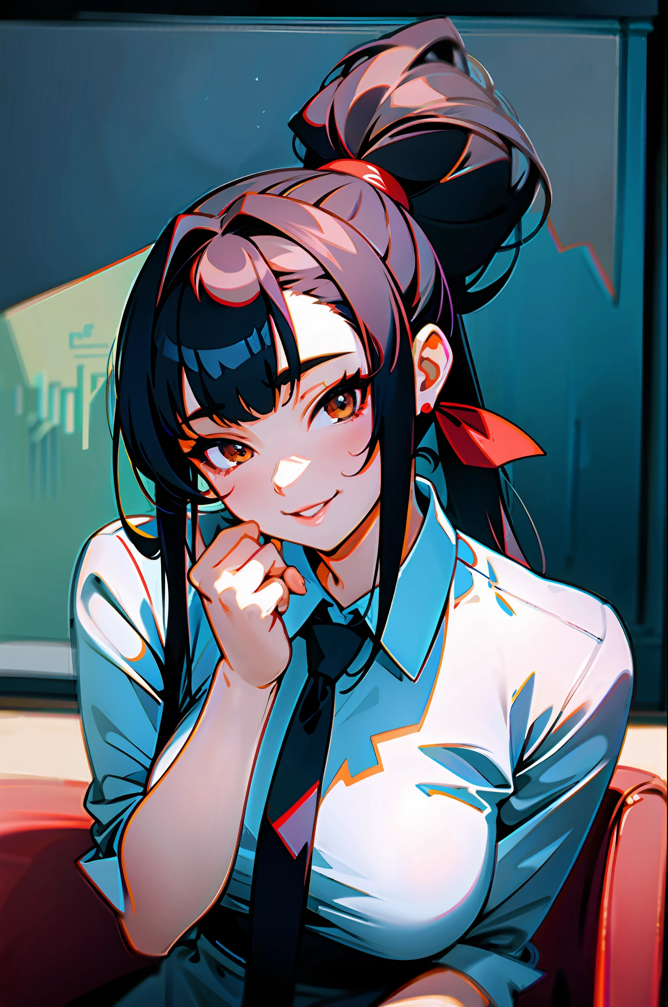 Korean girl, black hair, older sister, tie her hair in a ponytail and smile to the narrator, high definition picture, masterpiece, (beautiful girl, cafe, seductive, virgin, sexy), (secretary), fierce smile,