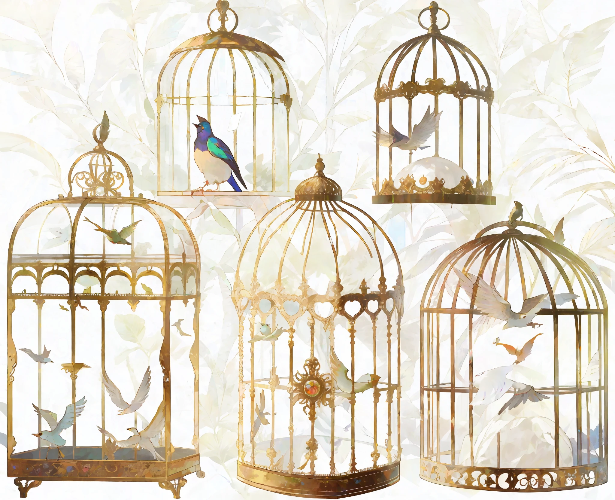 four different types of bird cages with a bird in them, cages, cage, various sizes, digital art - w 640, vintage - w 1 0 2 4, transparent background, made of wrought iron, glass domes, ornate, victorian, intermediate art, ophanim has bird wings, wrought iron, victoriana, by Konrad Witz, antique