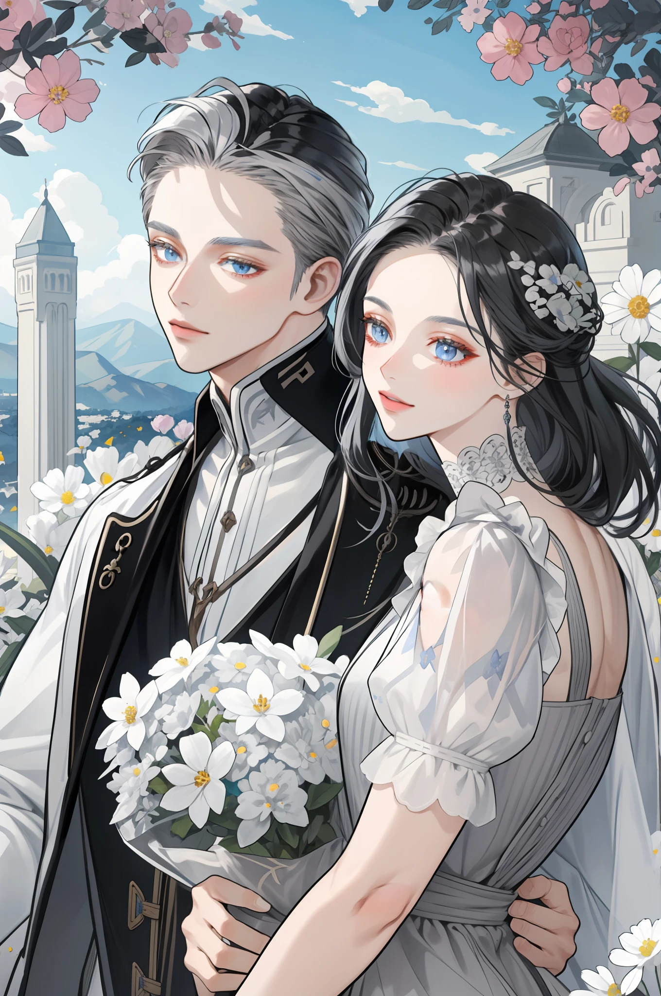 masterpiece, best quality, 2others, couple, hetero, 1 man with 1 woman, black and silver hair, height difference, different colors, happy, love, landscape full of flowers, forehead, light blue and gray eyes, man with hair black and gray eyes, woman with silver hair and light blue eyes, current affairs,