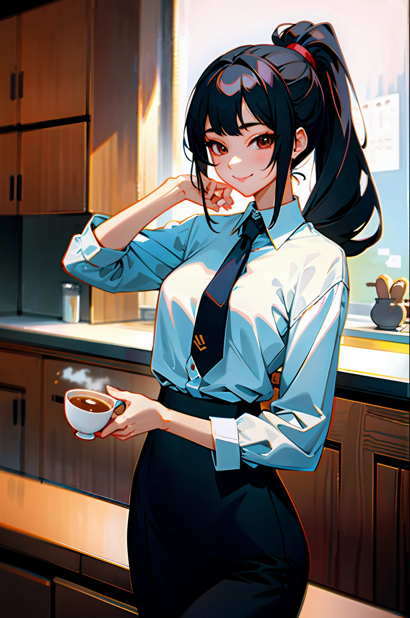 Korean girl, black hair, older sister, tie her hair in a ponytail and smile to the narrator, high definition picture, masterpiece, (beautiful girl, cafe, seductive, virgin, sexy), (secretary), fierce smile,