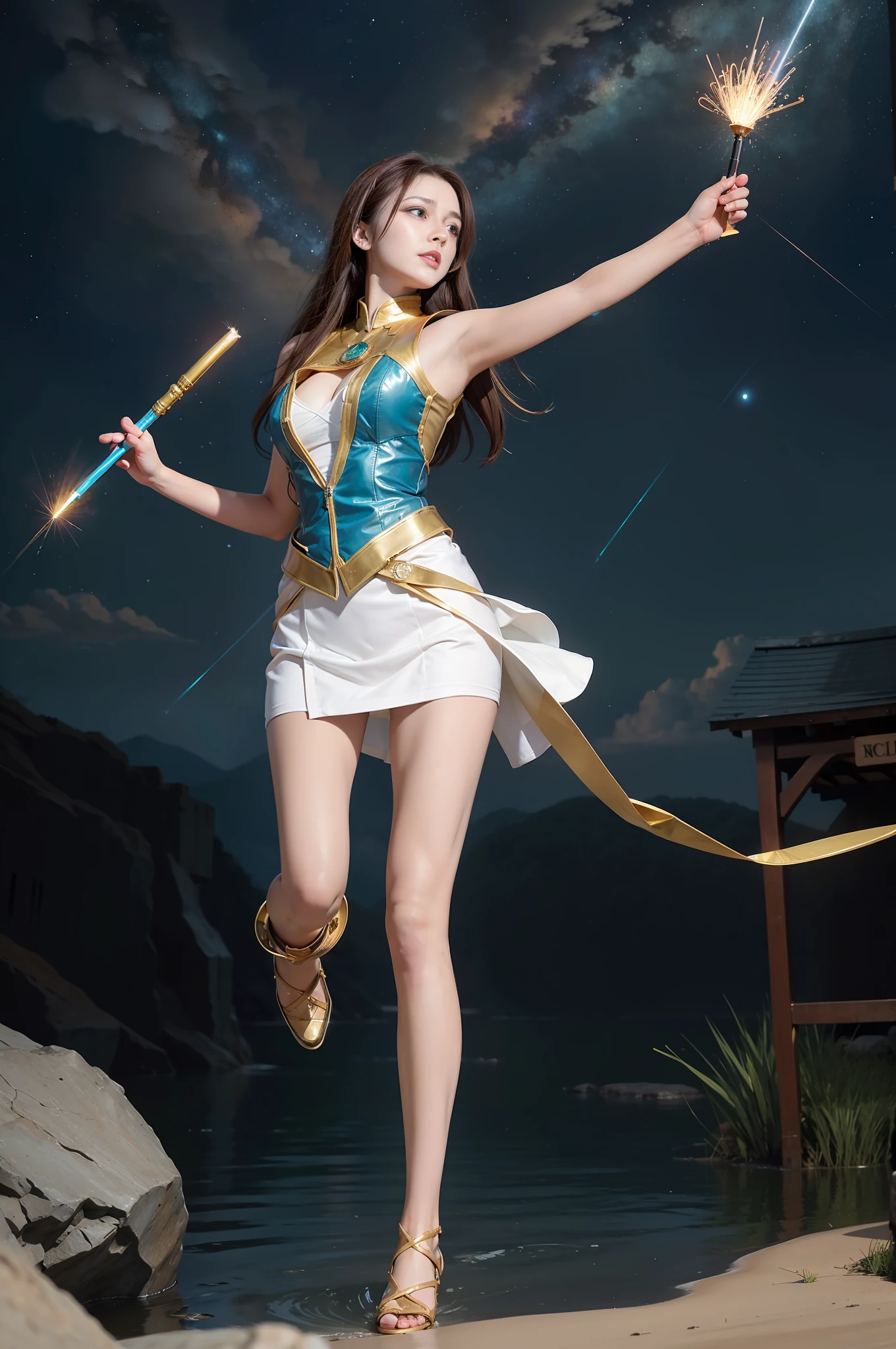 1girl, solo, light blue eyes, brown hair, holding a golden scepter, (HP: 1), running under the starry sky, full body, (official set: 1.5), dullyarts, dust background details, eye details, ore disease lesions \(Tomorrow's Ark\), (realism: 1.4), official art, unreal 8k wallpaper, super detailed, beautiful and aesthetic, masterpiece, best quality, (dynamic angle: 1.4), (floating colorful sparks: 1.2), elegant , bright colors, romanticism, medium breasts