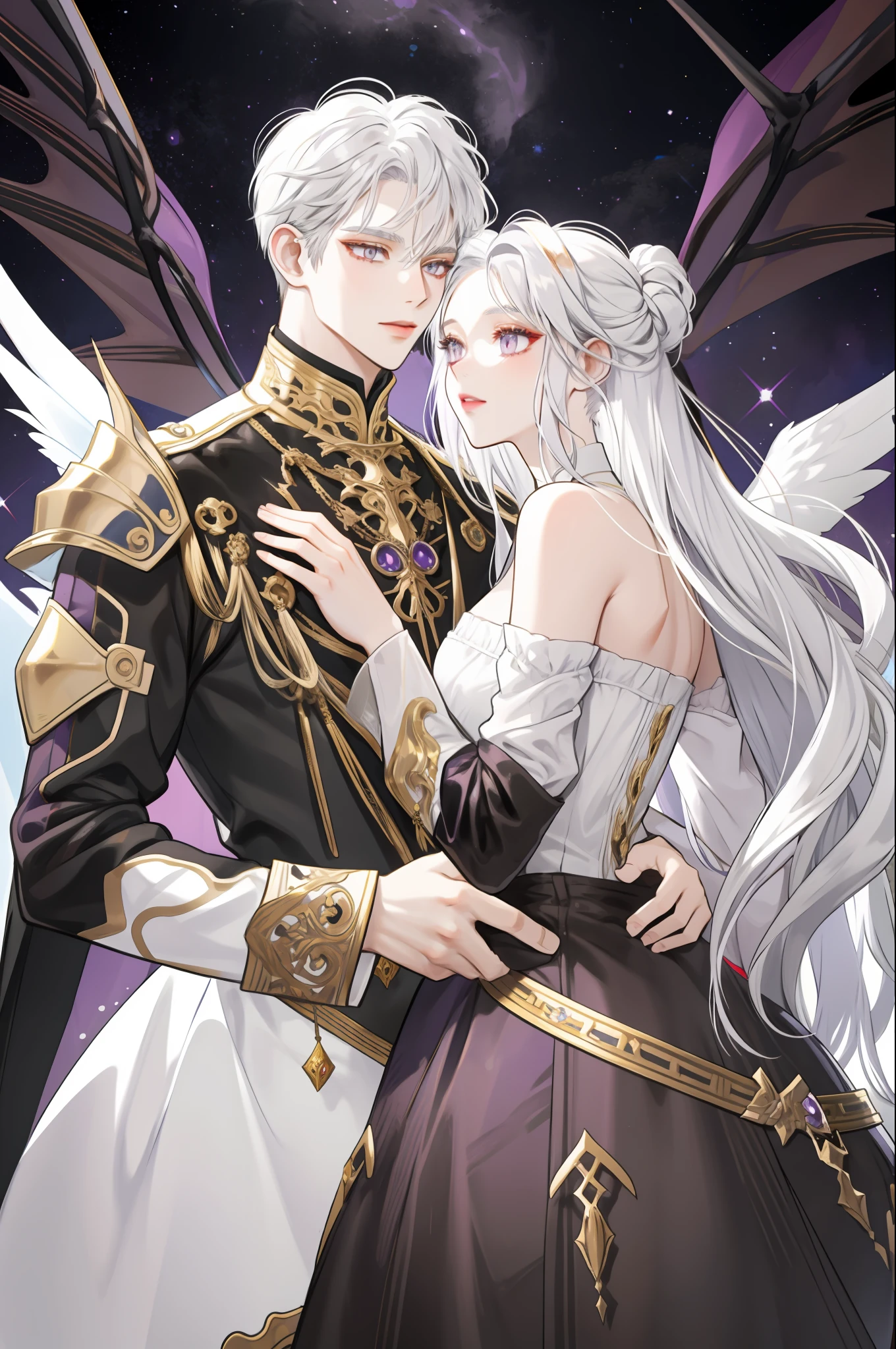 MoggleMix, 2, couple, silver and white hair, height difference, angel and dragon, gray and gold eyes, female, male, hetero couple, fantasy, dressed in white, purple, and black, dressed in armor,