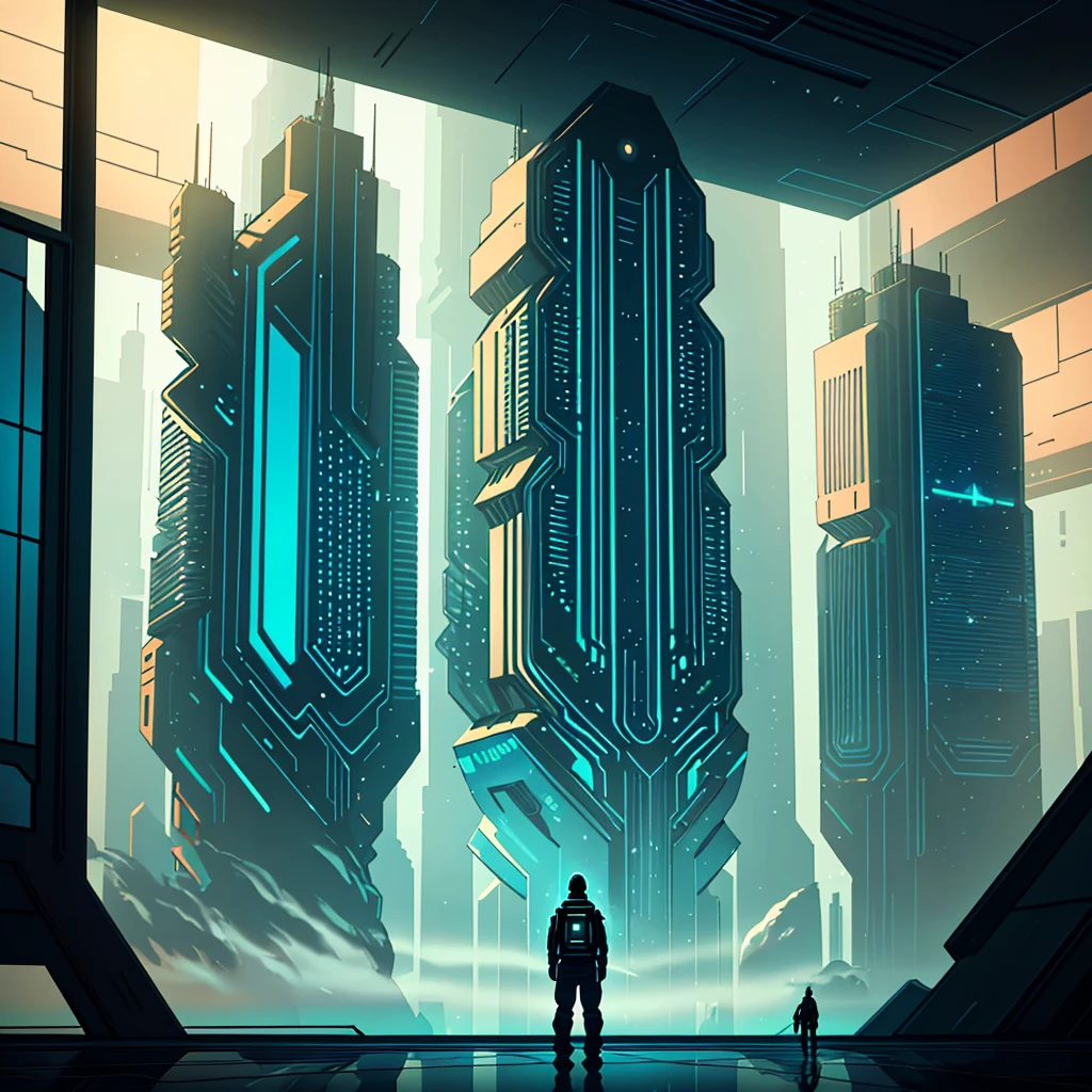 a person standing in front of a giant window looking at a strange colored sci-fi reality,