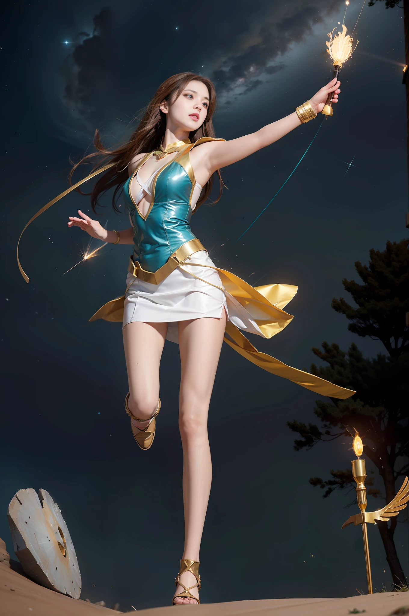 1girl, solo, light blue eyes, brown hair, holding a golden scepter, (HP: 1), running under the starry sky, full body, (official set: 1.5), dullyarts, dust background details, eye details, ore disease lesions \(Tomorrow's Ark\), (realism: 1.4), official art, unreal 8k wallpaper, super detailed, beautiful and aesthetic, masterpiece, best quality, (dynamic angle: 1.4), (floating colorful sparks: 1.2), elegant , bright colors, romanticism, medium breasts