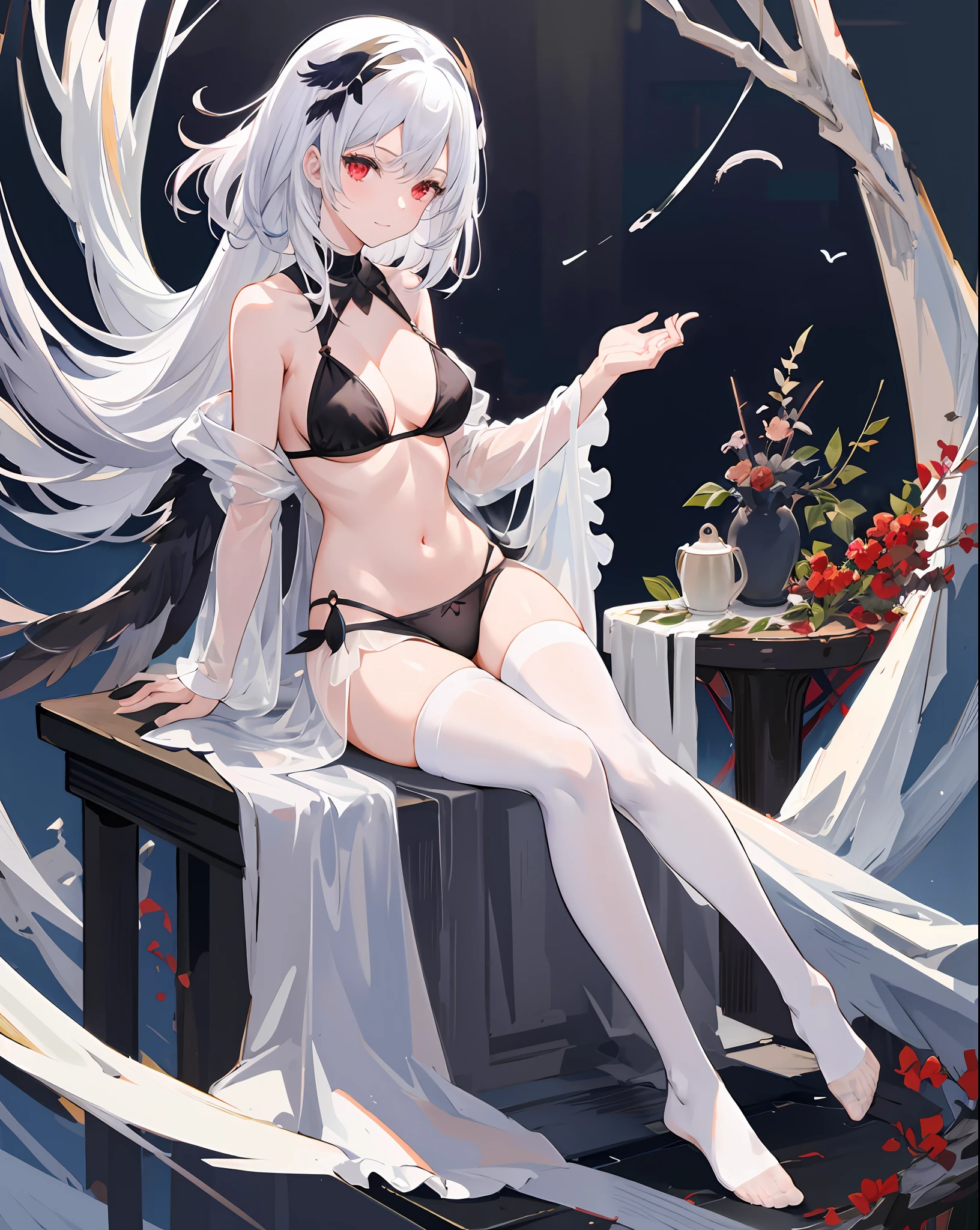 1girl,white hair,long bangs,belt,crow, black cape ,black pantyhose,red eyes, bikini bra,medium breasts,feather hair ornament,dark forest ,grey panties ,hair flower,hand on leg,looking at viewer ,black pantyhose,((see-through)),sitting in tree,branch,underwear,light smile ,night,full body, full moon, crow,
