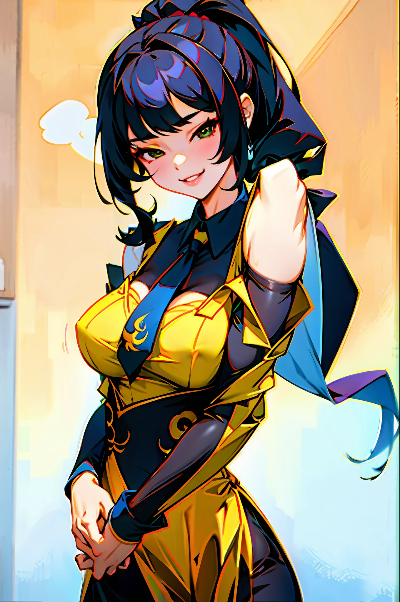 Korean girl, black hair, older sister, tie her hair in a ponytail and smile to the narrator, high definition picture, masterpiece, (beautiful girl, cafe, seductive, virgin, sexy), (secretary), fierce smile,
