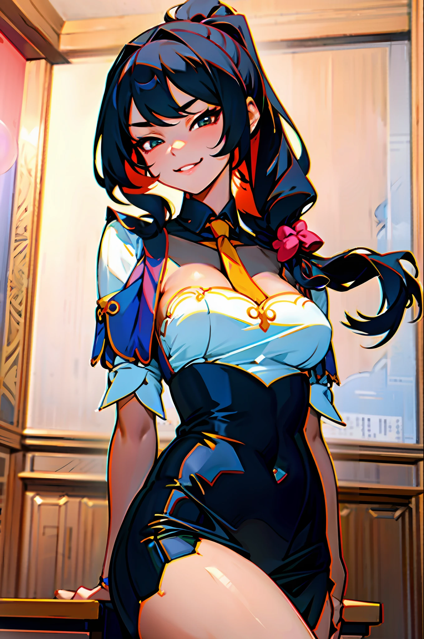 Korean girl, black hair, older sister, tie her hair in a ponytail and smile to the narrator, high definition picture, masterpiece, (beautiful girl, cafe, seductive, virgin, sexy), (secretary), fierce smile,