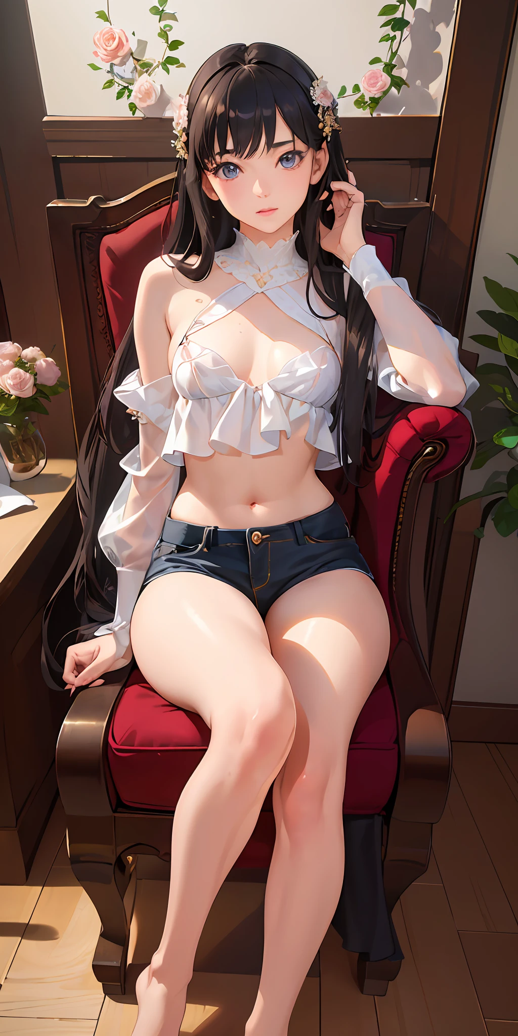 a young girl (photorealistic:1.4), (masterpiece, sidelighting, finely detailed beautiful eyes: 1.2), masterpiece*portrait, realistic, 3d face, glowing eyes, shiny hair, lustrous skin, solo, aroused, (midriff) in a over sized shirt, flat chest, sitting on a chair full of roses spread thighs showing off