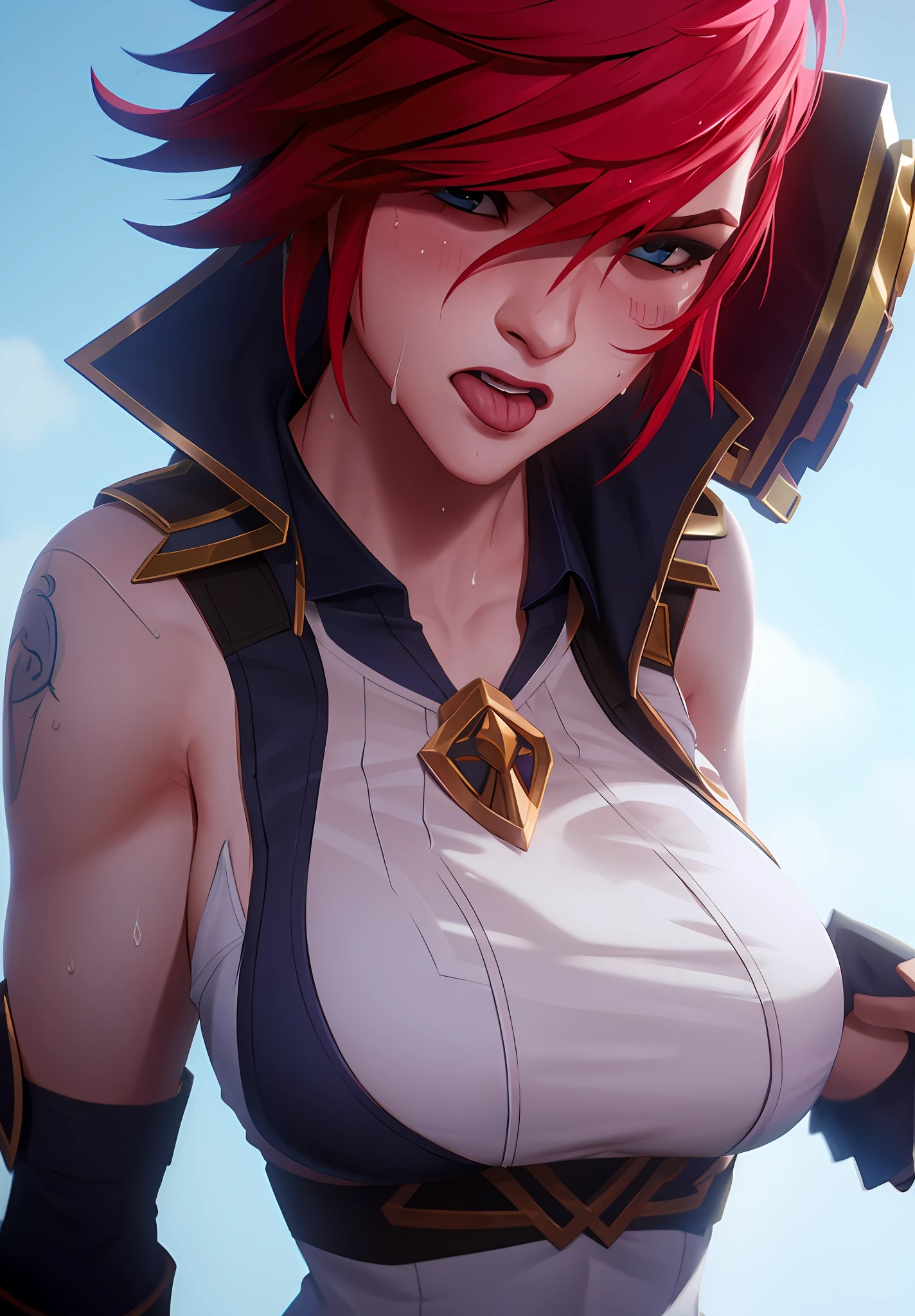 vi \(League of Legends\), arcane style, abs,1girl, eyes rolled out, tongue out, drooling, saliva, upper body, sweat, blushing,White clothes, Perfect anatomy,Small breasts,Tattoo on left arm,