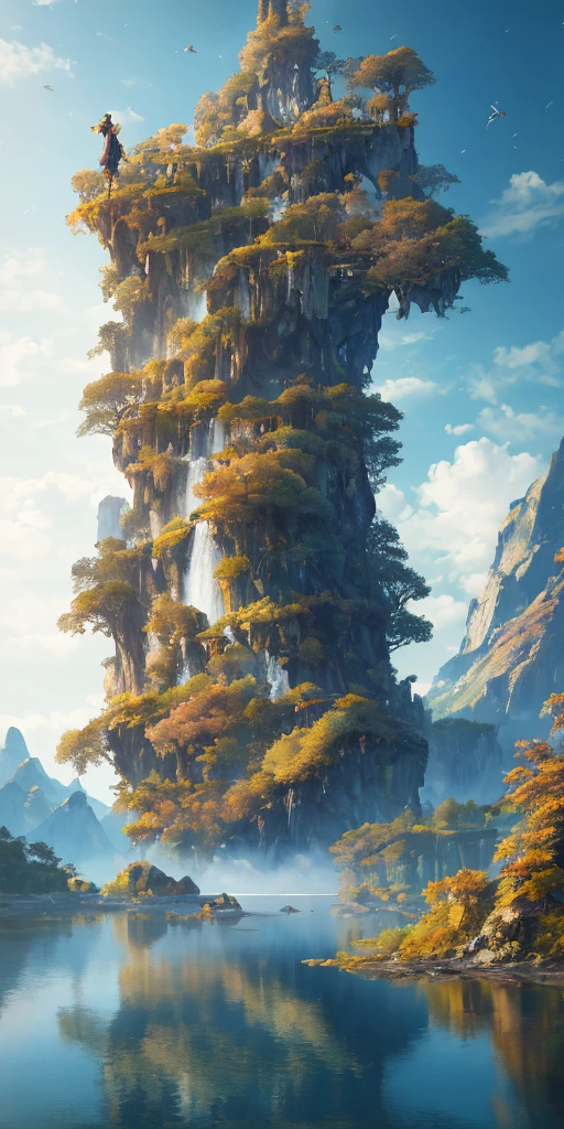 masterpiece, best quality, high quality, extremely detailed CG unity 8k wallpaper, scenery, outdoors, sky, cloud, day, no humans, mountain, landscape, water, tree, blue sky, waterfall, cliff, nature, lake, river, cloudy sky,award winning photography, Bokeh, Depth of Field, HDR, bloom, Chromatic Aberration ,Photorealistic,extremely detailed, trending on artstation, trending on CGsociety, Intricate, High Detail, dramatic, art by midjourney