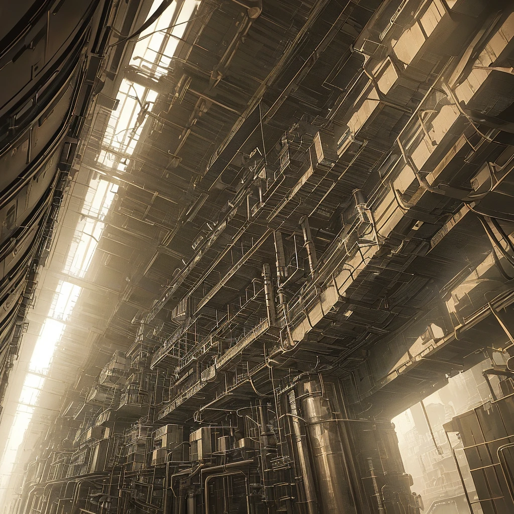 Industrial atmosphere, A Reality ending device with time bending distortions, conceptual death, blending, piercing, painstaking detailed, creative, maximum detail, excruciating details, volumetric light, color spectrum, deep focus, light diffusion, glare, elaborately intricate depth, mechanical features