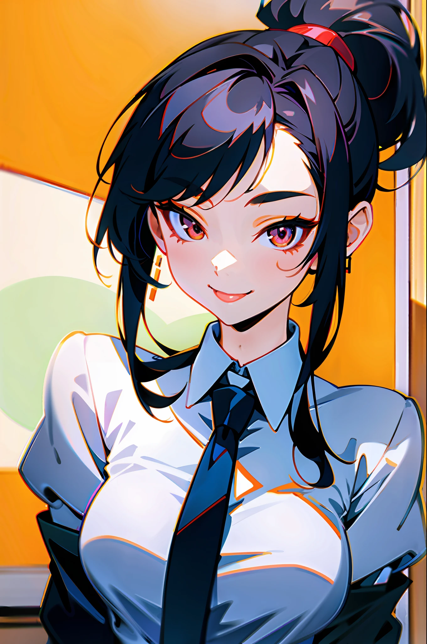 Korean girl, black hair, older sister, tie her hair in a ponytail and smile to the narrator, high definition picture, masterpiece, (beautiful girl, cafe, seductive, virgin, sexy), (secretary), fierce smile,