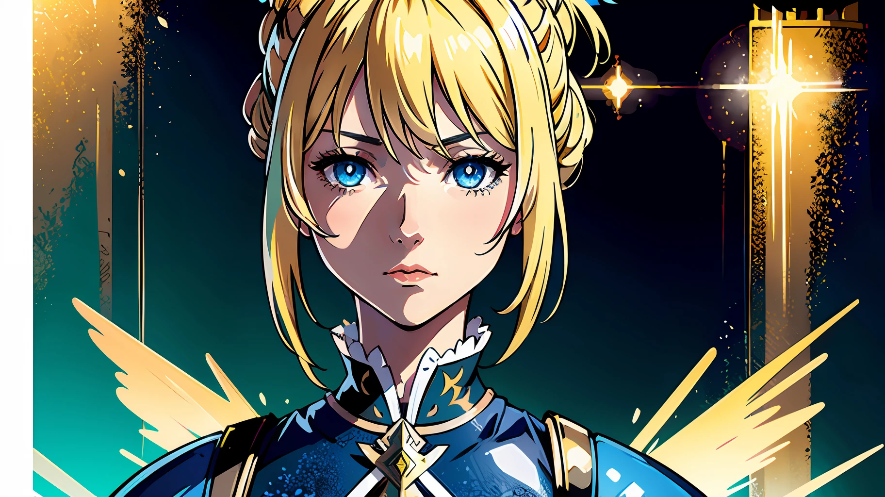 masterpiece, highres, 4k, 8k, detailed illustration, ultra-detailed, digital art, detailed face, hyper-detailed eyes, super clear image, no blur, black pupils, eye highlight, highly detailed eyes, super high quality, super high detail, best quality, highly detailed lighting, best shadows, art by ydh2102, saber, artoria pendragon, 1girl, blond hair, blue eyes, royal knights attire, standing in front of a castle at daybreak,