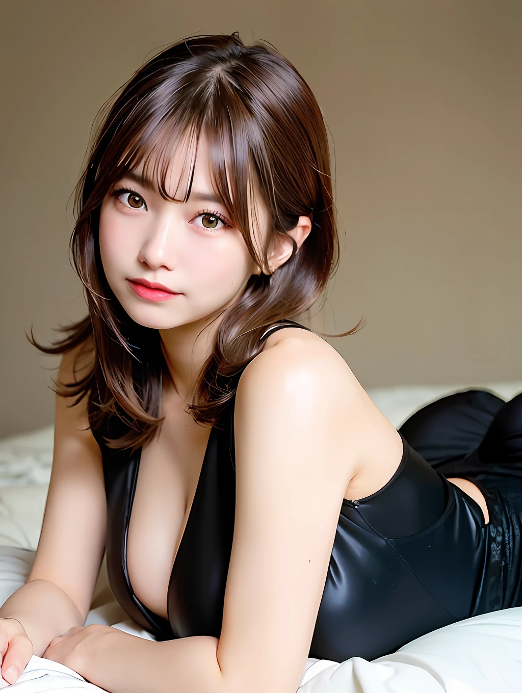 1girl, solo, realistic, cleavage, brown hair, molelips, brown eyes, huge breasts, in black dress posing on the bed, miyu kishi, smile, (photorealistic:1.4)