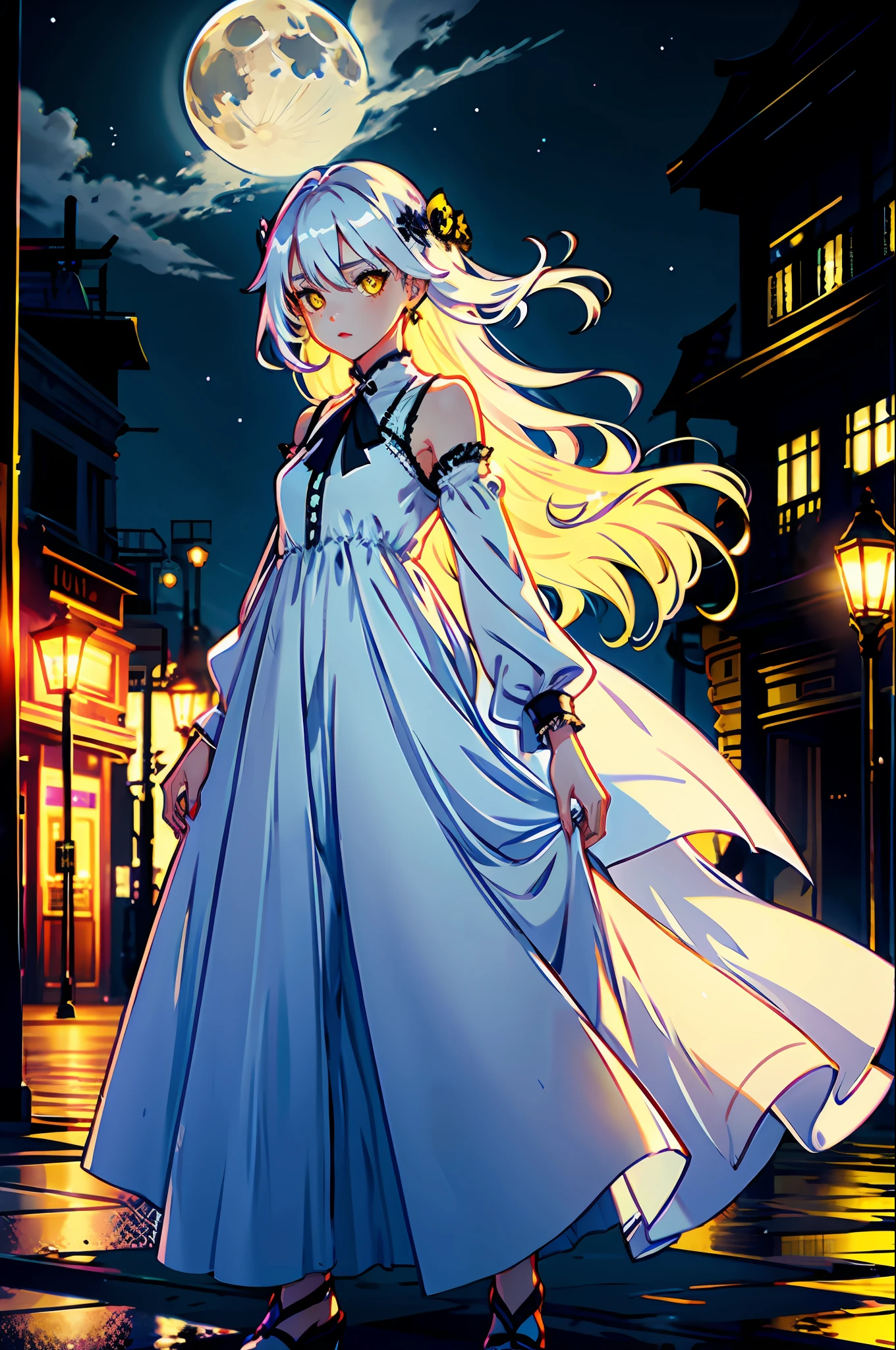 1 girl, alone, silver hair, long wavy hair, yellow eyes, bright pupils, long dress, white dress, night background, full moon, warm light
