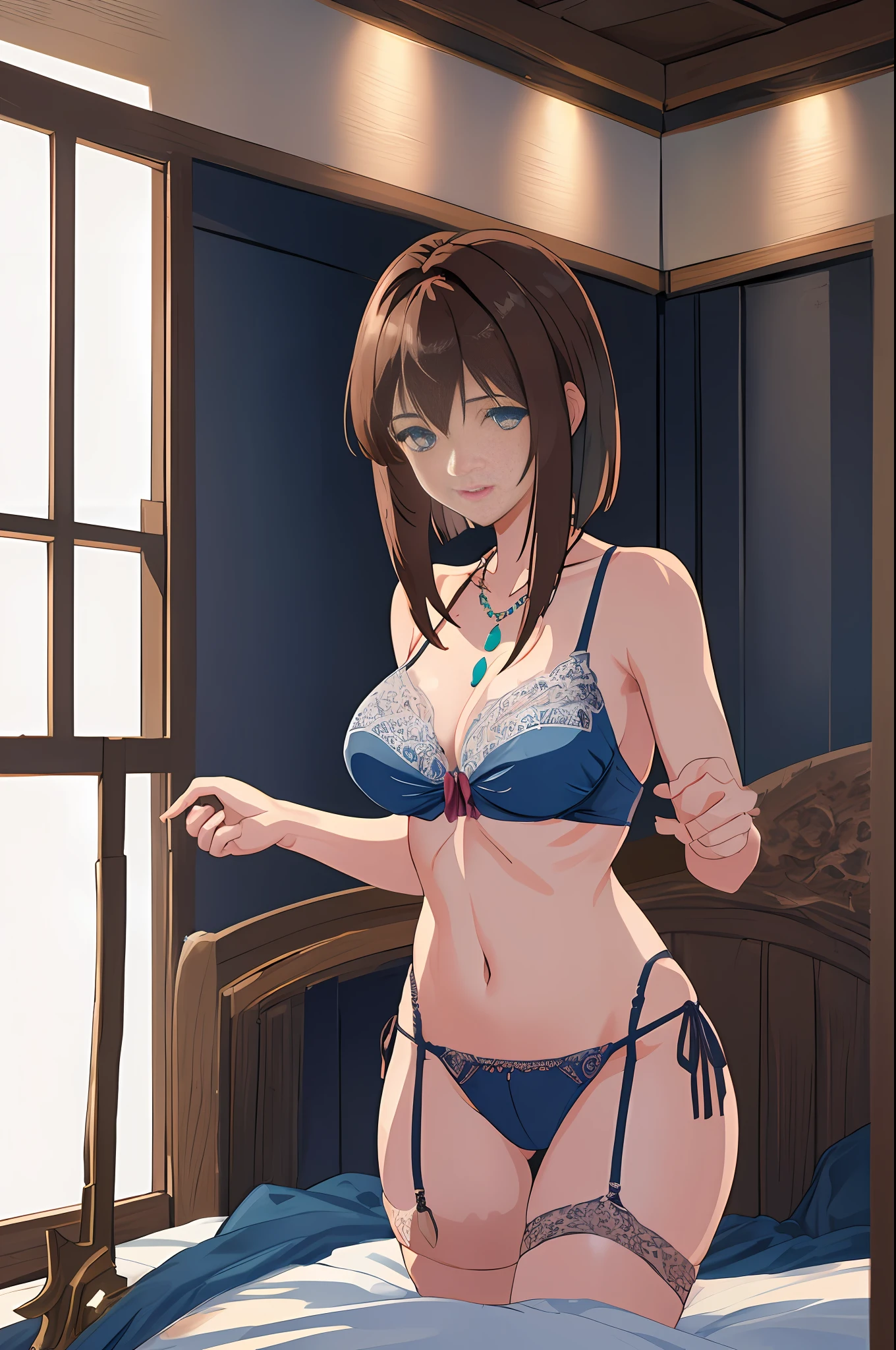 Cowboy shot, lying in bed, looking back, focus on eyes, breast squeeze, beautiful detailed full body, girl, female, female, young, 20 years old, medium hair, bob cut, bangs, high ponytail, brown hair, real With detailed face, smile, intricate details Beautiful delicate eyes, parted lips, bare shoulders, delicate hands, cleavage, navel, blue eyes, beautiful and gorgeous necklace, side tie bikini bottoms, tank tops, Garter strap, see-through, clavicle, thigh gap, indoors, sunlight, day, bokeh, highly detailed CG integrated 8k wallpaper, absurdity, highly detailed CG 8k wallpaper,