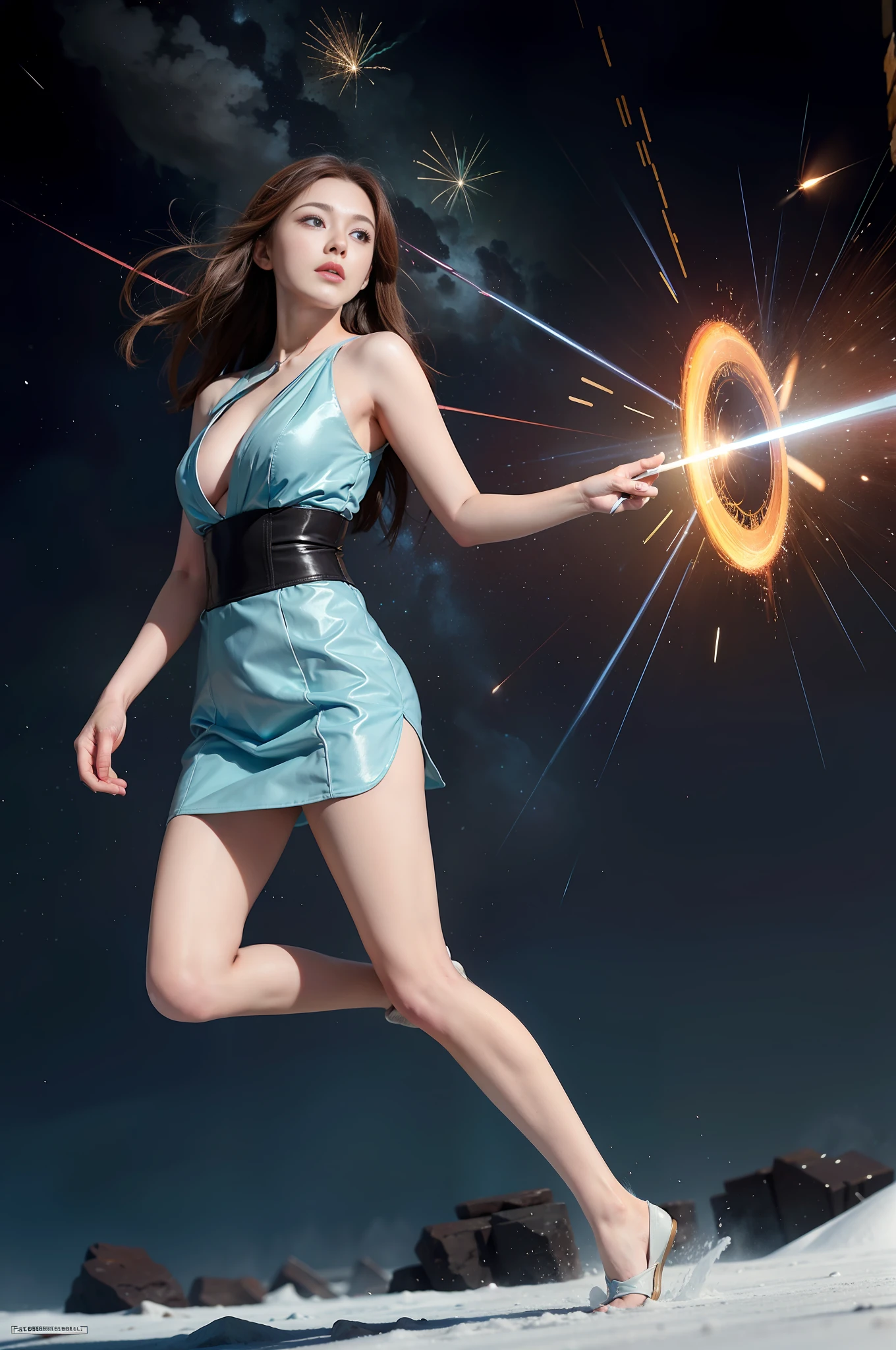 1girl, solo, light blue eyes, brown hair, casts frost magic with the left hand, and fire magic with the right hand, (blood volume: 1), running in the universe, full body, (official set: 1.5), dullyarts, dust background details, eyes Details, ore disease lesion\(Tomorrow's Ark\), (realism: 1.4), official art, unreal 8k wallpaper, ultra-detailed, beautiful and aesthetic, masterpiece, best quality, (dynamic angle: 1.4), (floating colorful sparks :1.2), elegant, bright colors, romanticism, medium chest