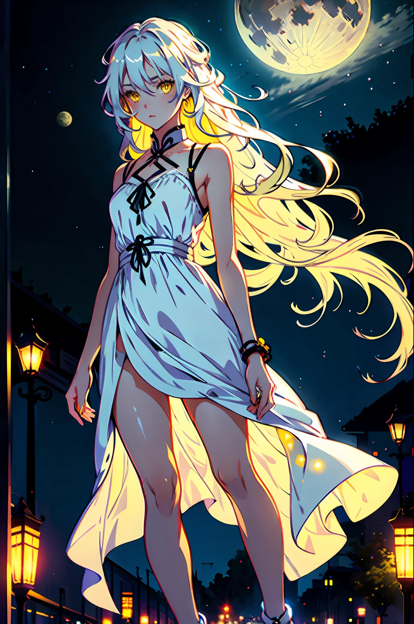 1 girl, alone, silver hair, long wavy hair, yellow eyes, bright pupils, long dress, covered legs, white dress, night background, full moon, warm light