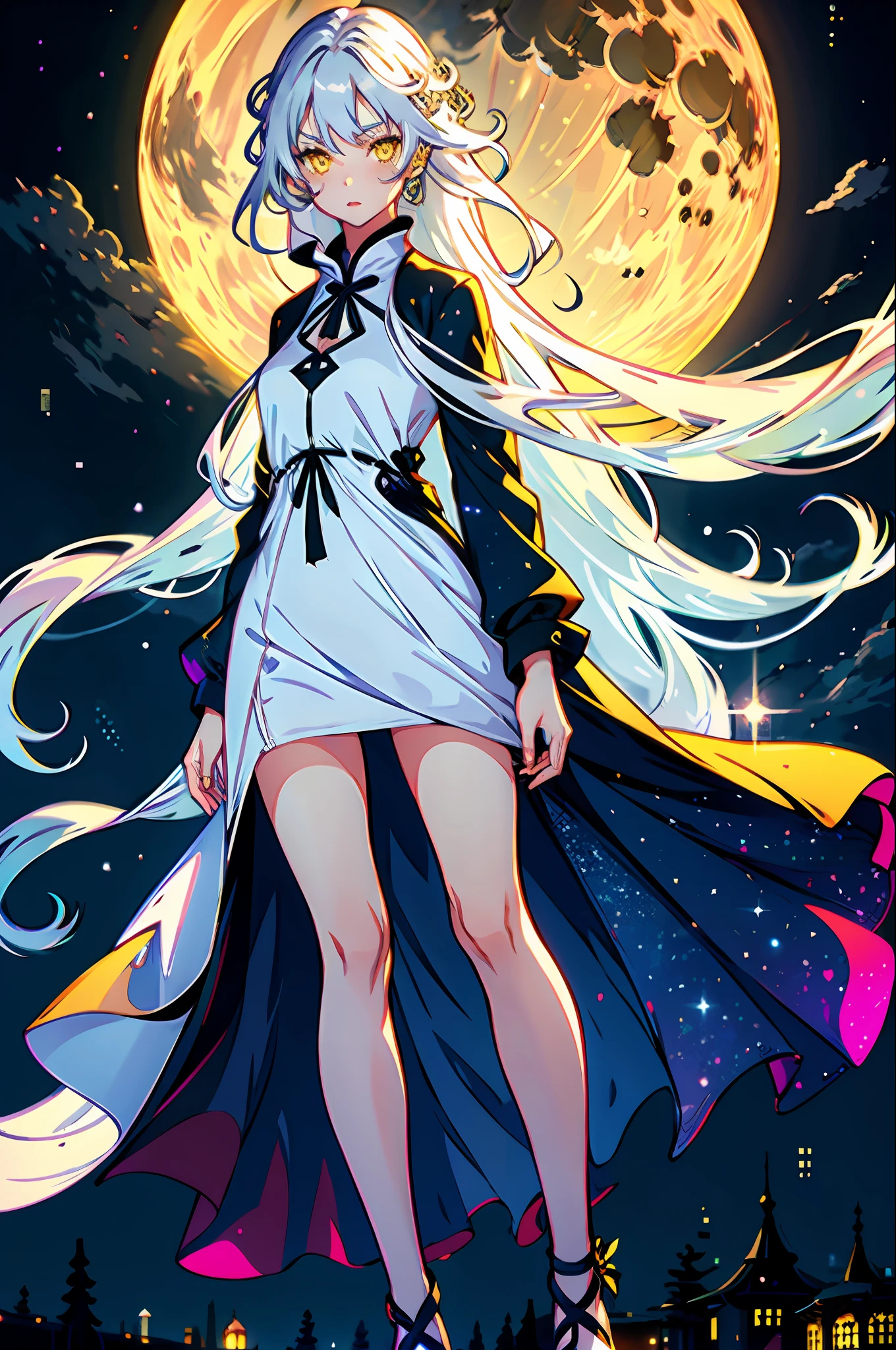 1 girl, alone, silver hair, long wavy hair, yellow eyes, bright pupils, long dress, covered legs, white dress, night background, full moon, warm light