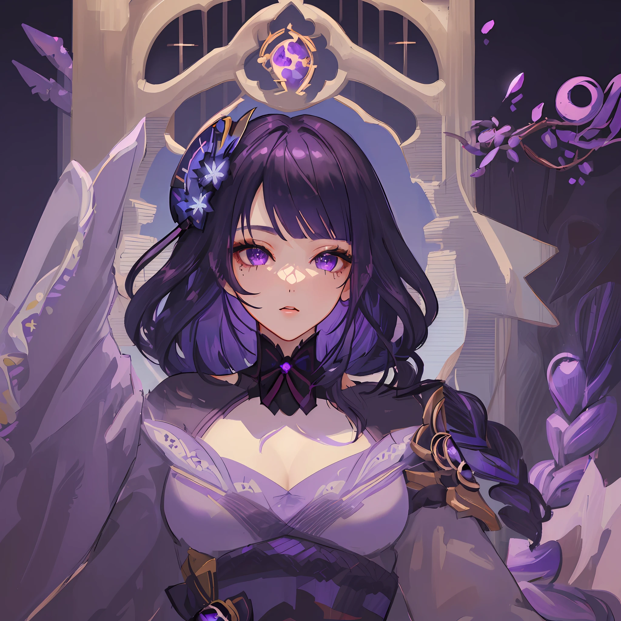 ((masterpiece)), ((high detail)), 1girl, ((ultra-detailed)),((delicate face)), Beautiful detailed eyes, gradient hair,hairs between eyes, GSHead,1girl ,solo,dark purple hair,purple eyes,genshin_impact, black_background,look at the viewer