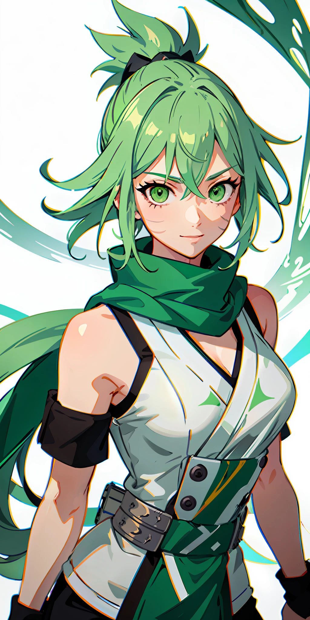upper body, facing forward, 1girl, white and green hair, mulatto skin color, long ponytail, green eyes, (Naruto style ninja), short sword, big chest, scarf, wallpaper, background magic circle, light particles, green fire, emanating radiant light, smiling