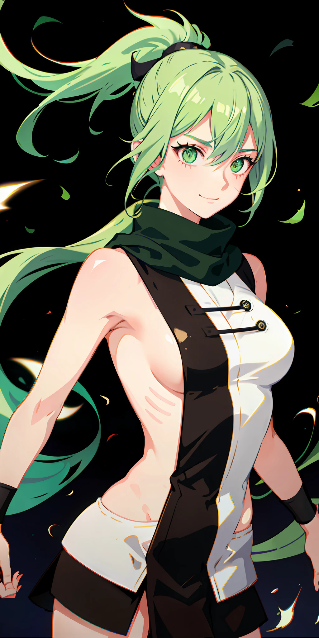 upper body, facing forward, 1girl, white and green hair, mulatto skin color, long ponytail, green eyes, (Naruto style ninja), short sword, big chest, scarf, wallpaper, background magic circle, light particles, green fire, emanating radiant light, smiling