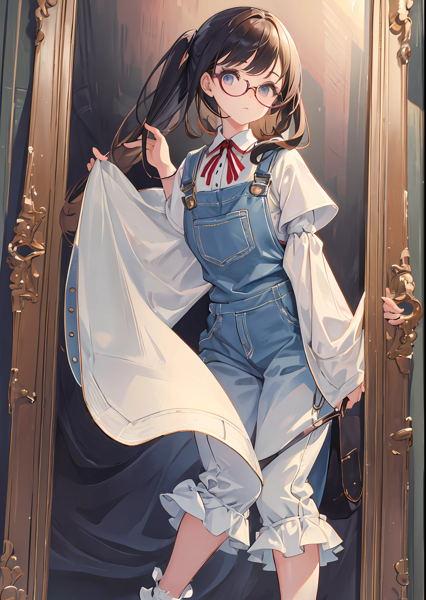 (masterpiece), (best quality), (ultra detailed),(random hair),(illustration), (1girl), (Fashionable clothing), standing,Fashion model, looking at viewer, (interview), (simple background), Big eyes, white silk socks, big frame glasses, overalls