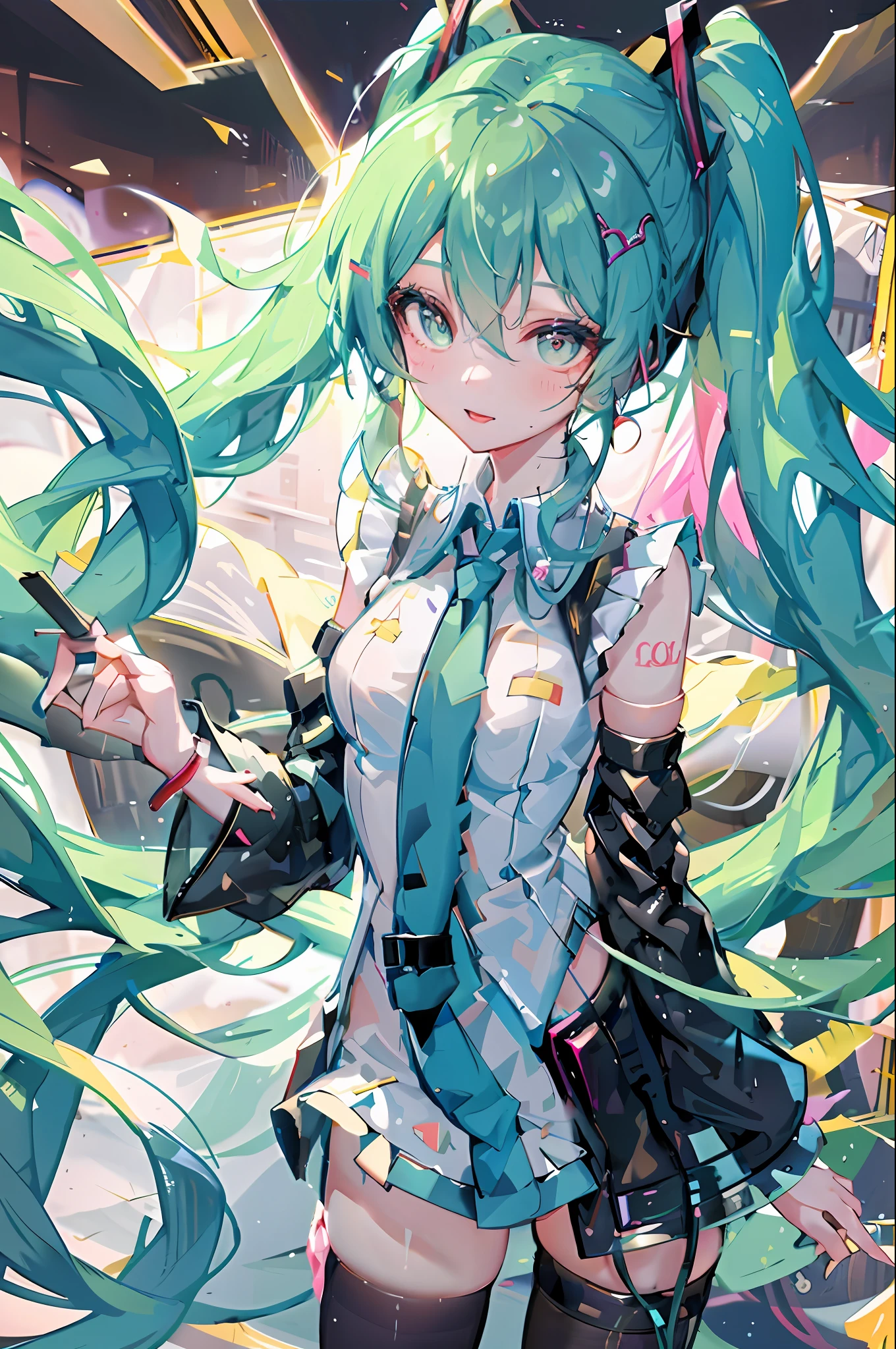 (highest quality 8k),Korean girl, black hair, older sister, putting her hair in a ponytail and smiling to the narrator, high definition picture, masterpiece, (beautiful girl, cafe, seductive, virgin, sexy), (secretary), fierce smile, Miku ,Hatsune Miku,