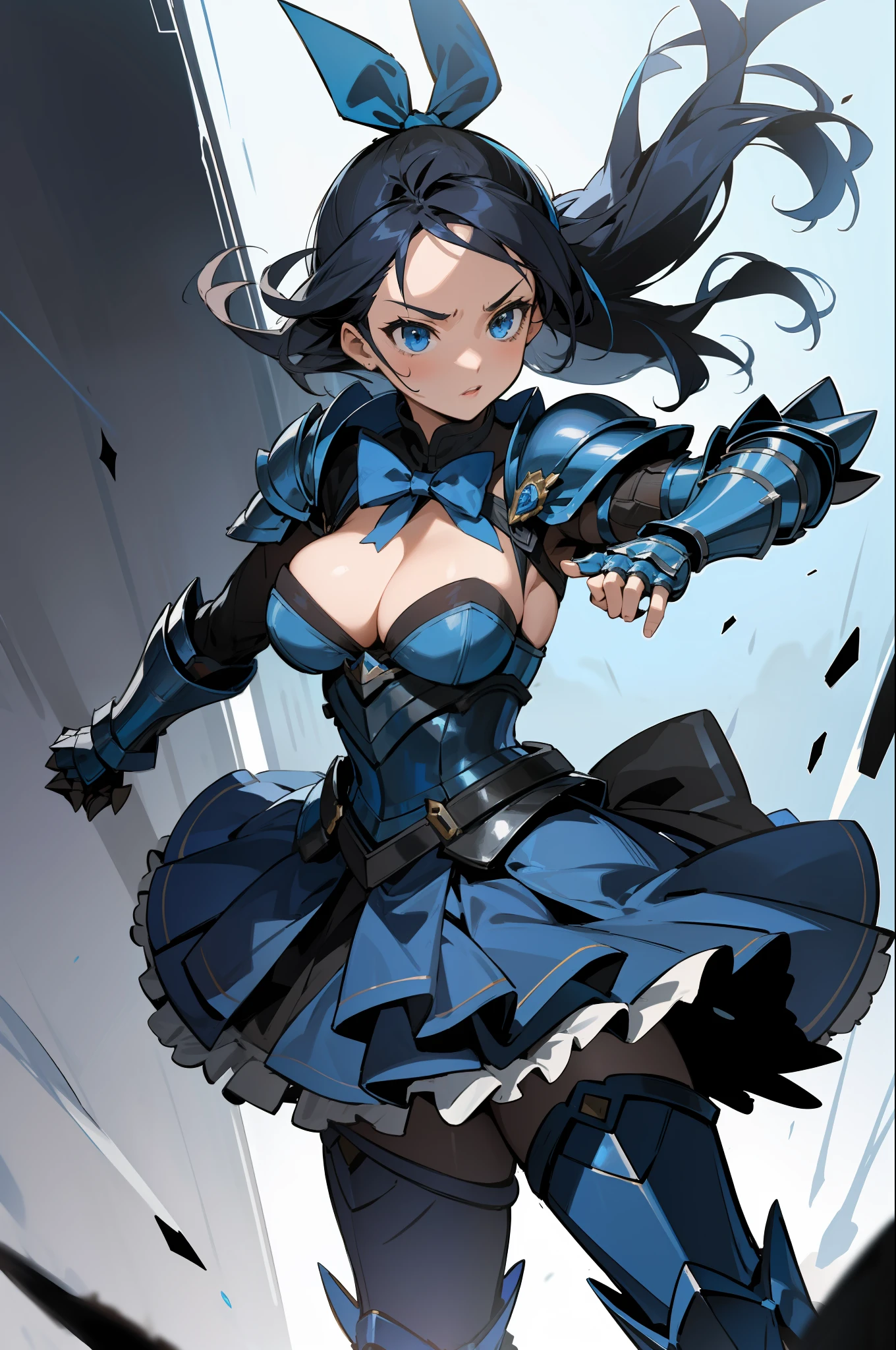 masterpiece, best quality, edea lee, blue bow, blue dress, cleavage, armored dress, shoulder armor, gauntlets, armored legwear, fighting stance, swamp, darkness