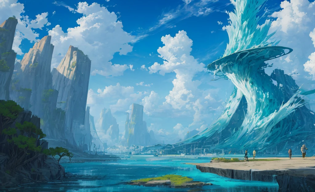 ConceptArt, no humans, scenery, water, sky, day, tree, cloud, waterfall, outdoors, building, nature, river, blue sky