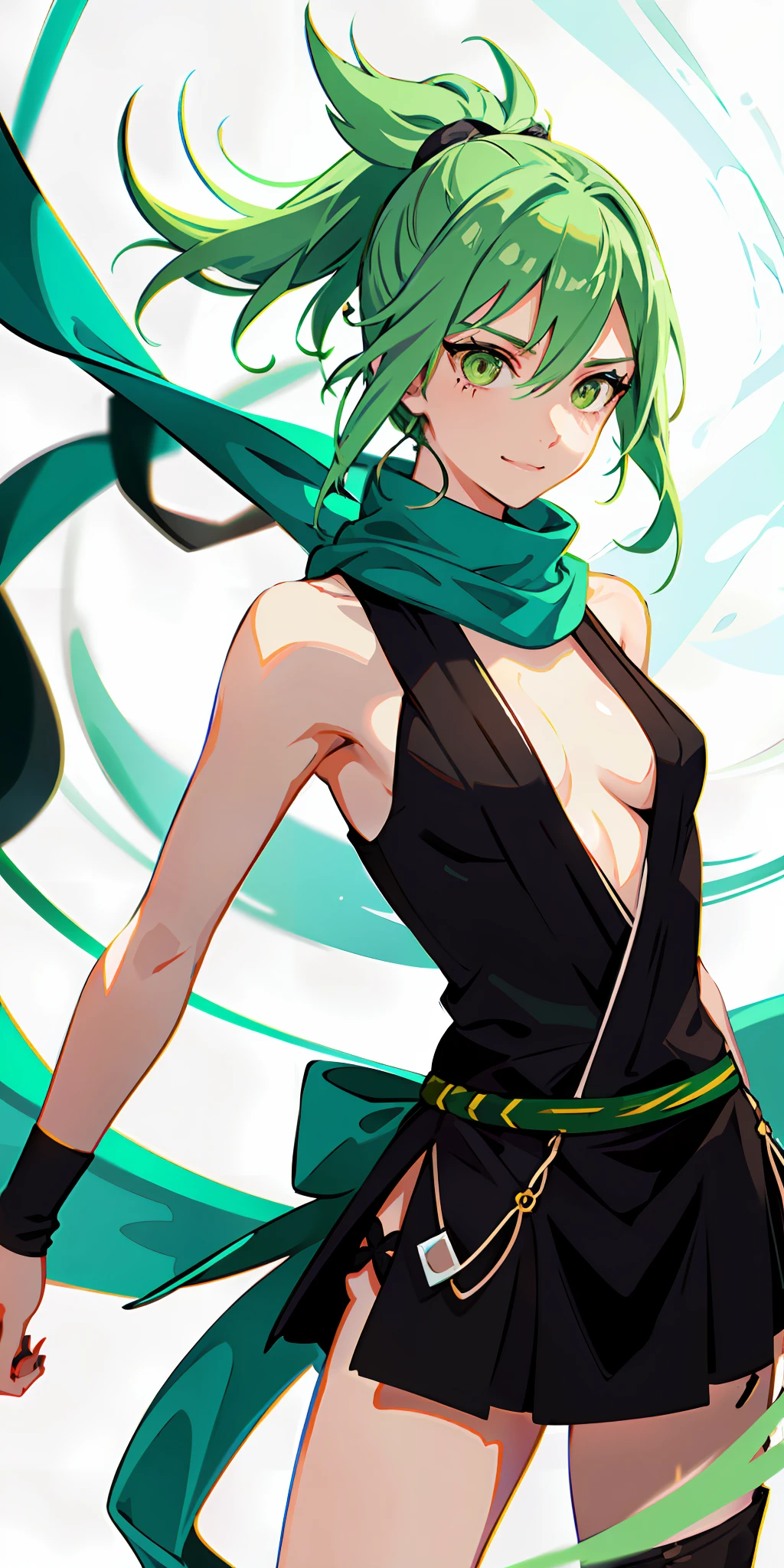 upper body, facing forward, 1girl, white and green hair, mulatto skin color, long ponytail, green eyes, (Naruto style ninja), short sword, big chest, scarf, wallpaper, background magic circle, light particles, green fire, emanating radiant light, smiling
