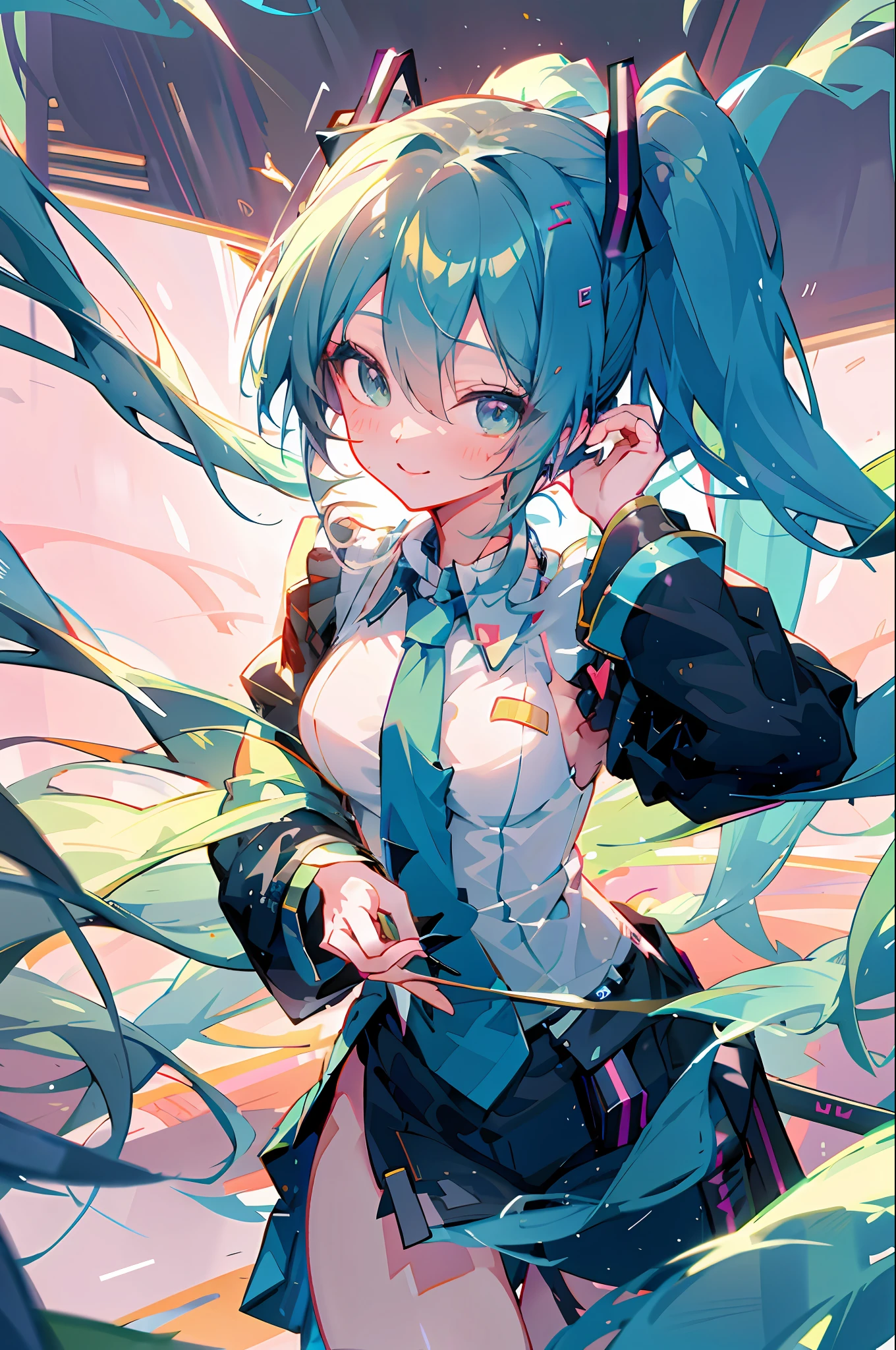 Korean girl, black hair, older sister, tying her hair into a ponytail and smiling to the narrator, high definition picture, masterpiece, (beautiful girl, cafe, seductive, virgin, sexy), (secretary), fierce smile, Miku, Hatsune Miku,