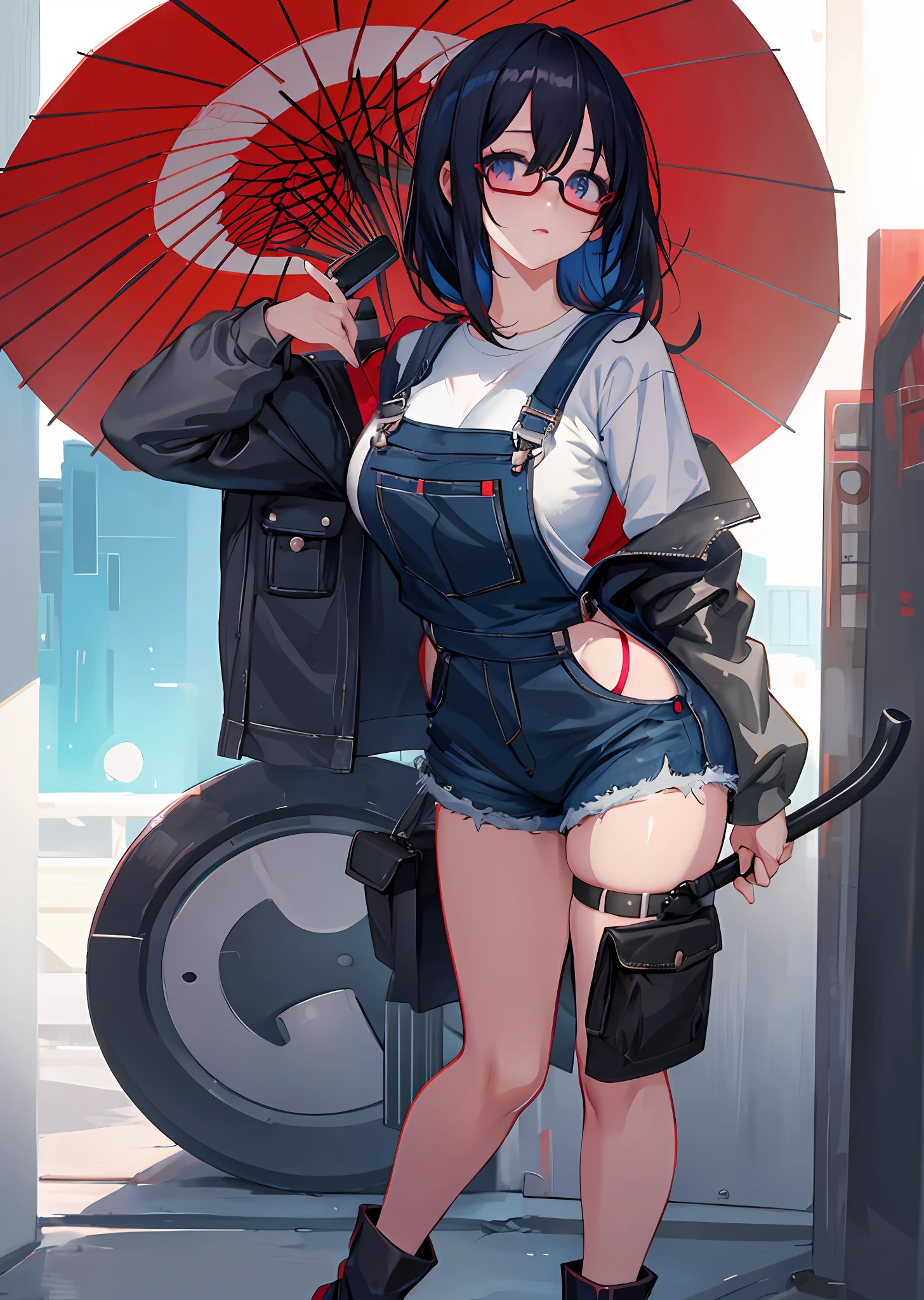 anime girl in overalls and glasses holding a black umbrella, full body portrait of a short!, anime full body illustration, guweiz on pixiv artstation, anime moe artstyle, artwork in the style of guweiz, zerochan art, guweiz on artstation pixiv, high detailed official artwork, artgerm and atey ghailan