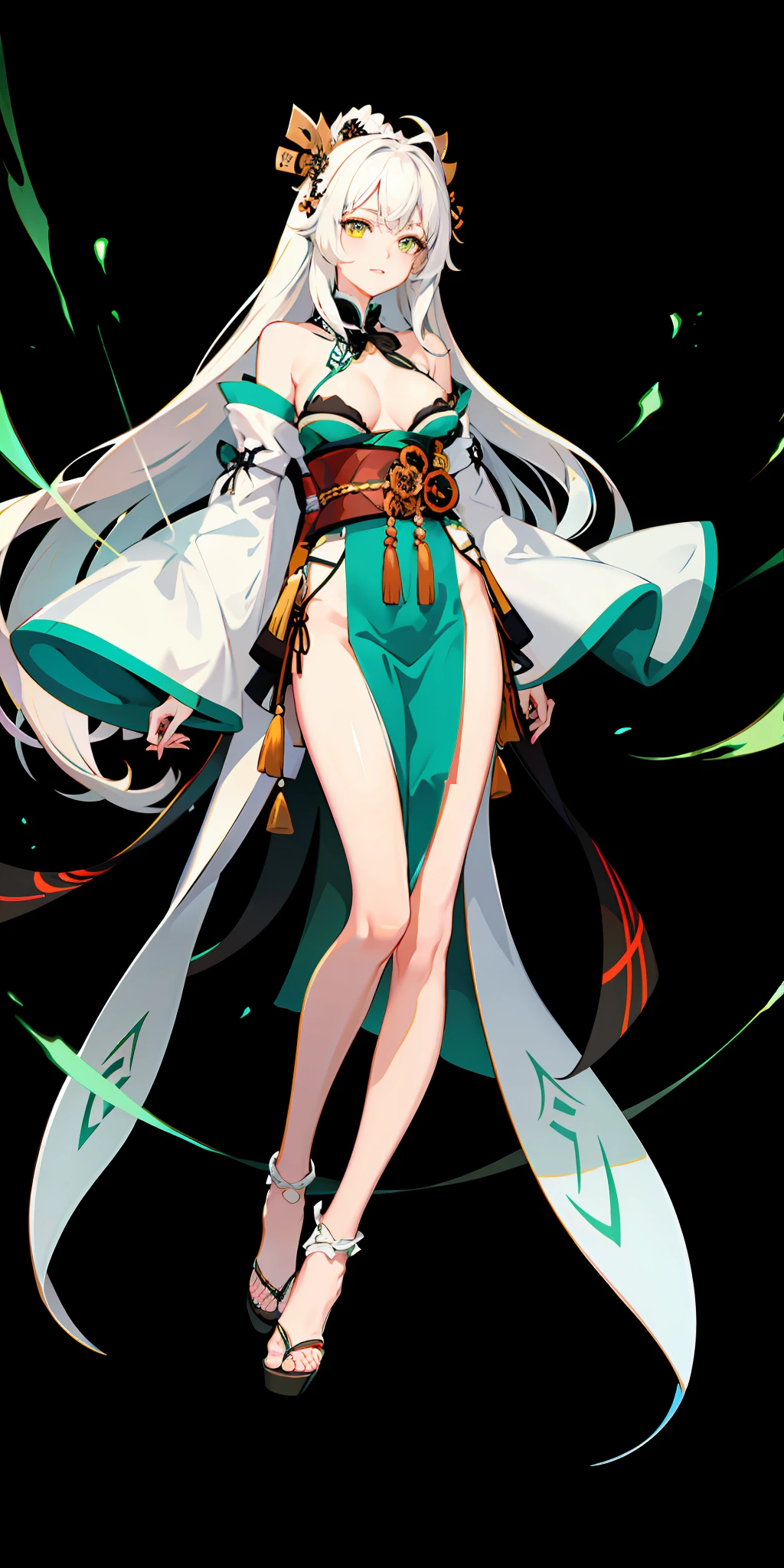 full length body, 1girl, white long messy hair, green glowing eyes, samurai sword, medium breast , wallpaper, magic circle background, light particles, green, sexy kimono