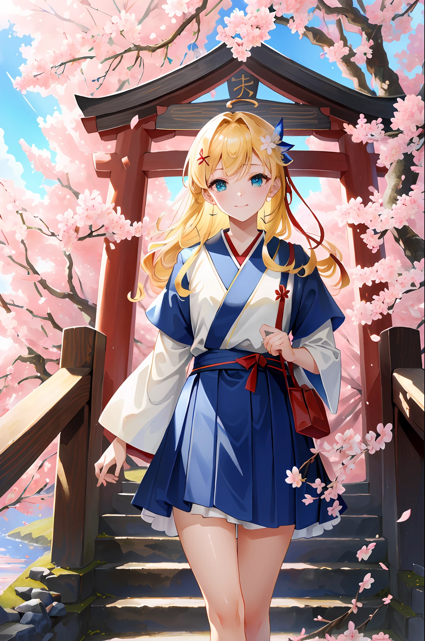 (((masterpiece: 1,5, best quality, high resolution, super resolution, ultra detailed: 1,2, rich background: 1,4))), (close up), (1girl), solo, green eyes, blonde long hair tied with blue ribbon, hair ornament, blunt bangs, smiling, highschool girl, medium breast, ((hand on the air)), japanese clothes, (blue short pattern kimono), sandals, ribbon, obi, ((outdoor)), cherry blossom, (torii gate), stone staircase, sky (afternoon), cherry blossoms fall, ((dramatic light: 1,3)), cloudy, (fuji scenery behind)